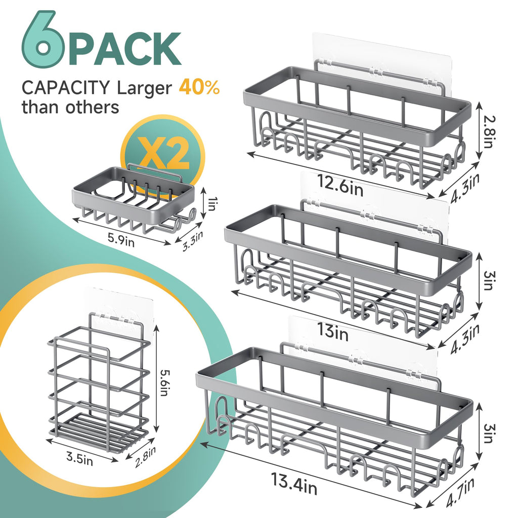 Veken Shower Caddy 6-Pack, Bathroom Organizers and Storage Shelves, Black
