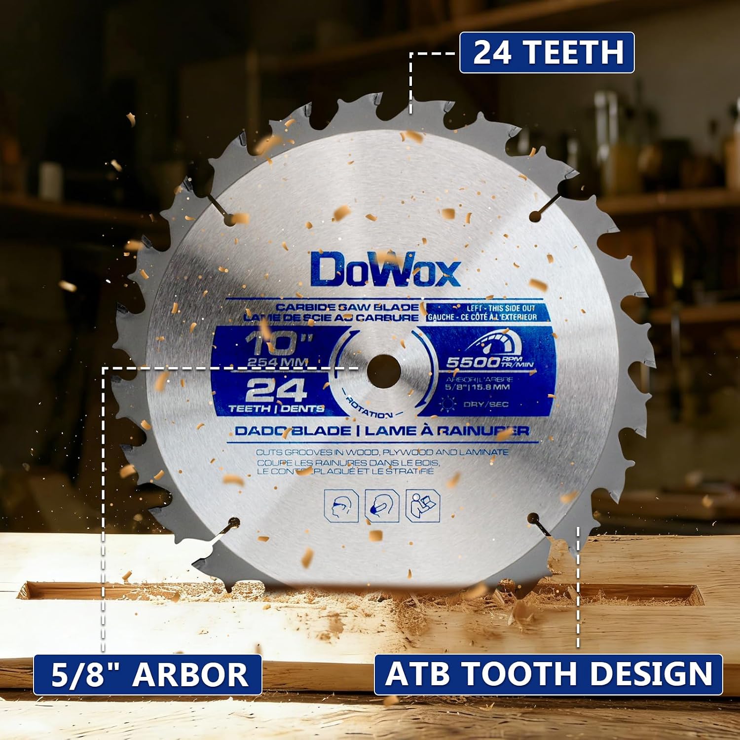 10" Carbide Stacked Dado Saw Blade Set, Pro Dado Set for Fine Finished Cuts, Grooves, Dados and Rabbets, 24 Tooth with 5/8" Bore, 23 Pieces