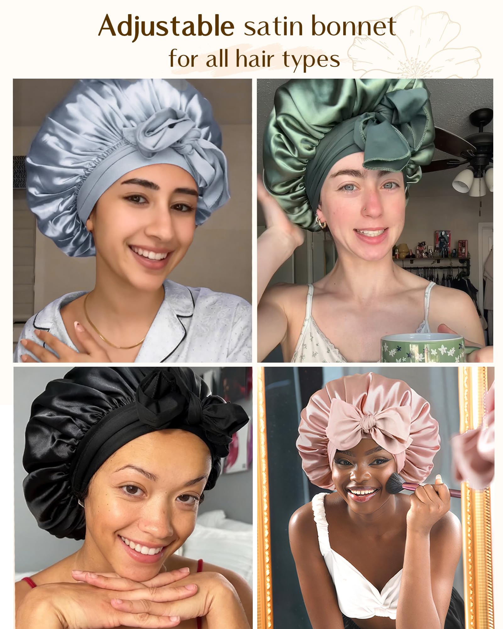 YANIBEST Adjustable Silk Bonnet for Sleeping Women Double Layer Satin Bonnet Reduce Friction Prevent Frizz Curly Hair