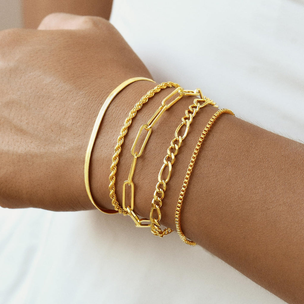 Gold Bracelets for Women, 14K Gold Plated Stackable Bracelet Stack Set Adjustable Charm Paperclip Chain Snake Link Layered Waterproof Jewelry Sets Gifts
