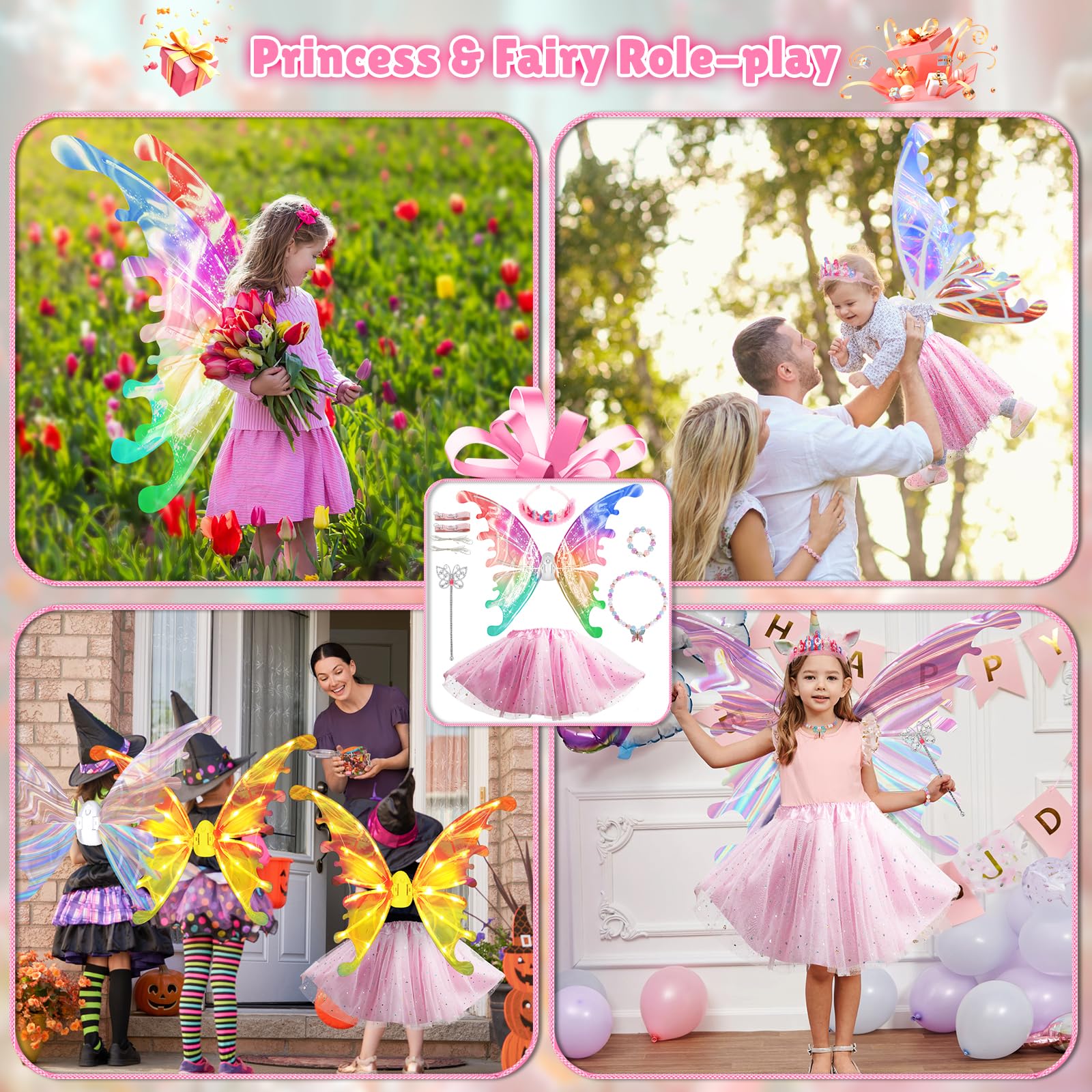 maysida Electric Fairy Wings for Girls, Light Up Moving Butterfly Wings with LED Lights and Music, Toy for Kids as Halloween Valentine Birthday Christmas Party Costume Princess Cosplay Dress Up Gift