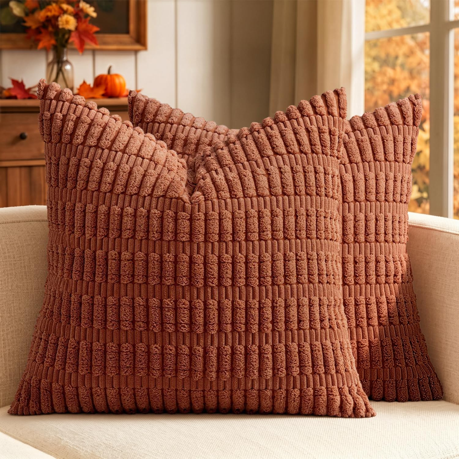 MIULEE Corduroy Decorative Throw Pillow Covers 18x18 Cream White Pack of 2