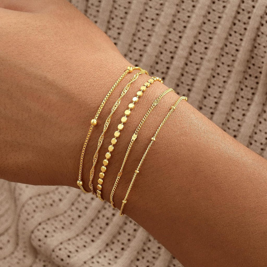 Gold Bracelets for Women, 14K Gold Plated Stackable Bracelet Stack Set Adjustable Charm Paperclip Chain Snake Link Layered Waterproof Jewelry Sets Gifts