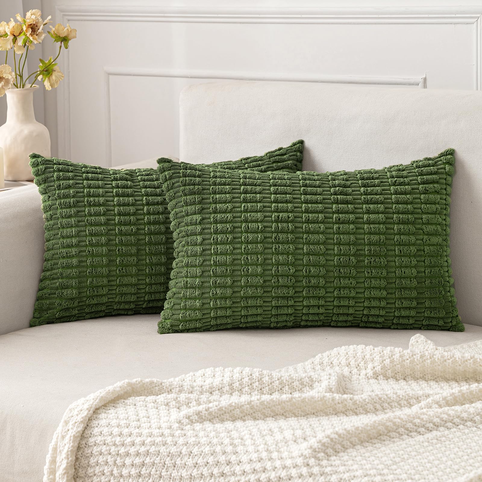 MIULEE Corduroy Decorative Throw Pillow Covers 18x18 Cream White Pack of 2