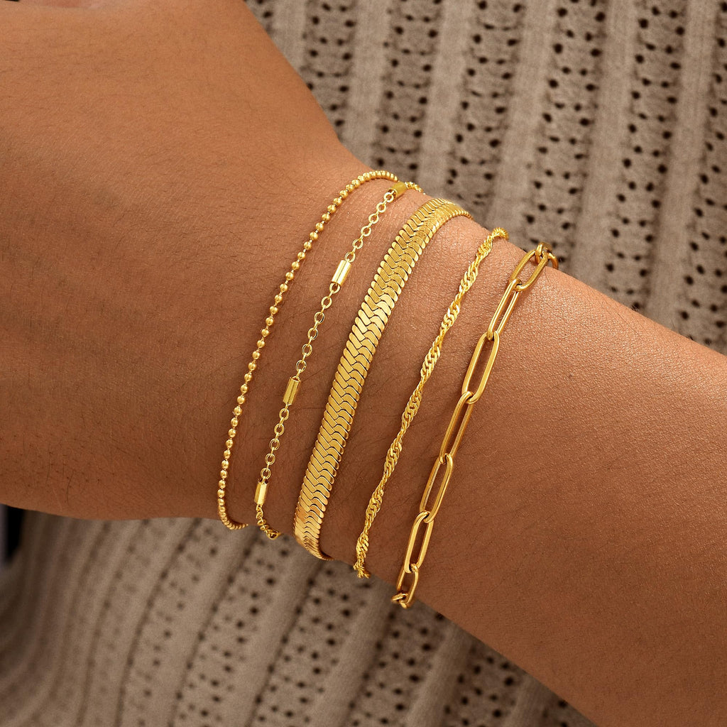 Gold Bracelets for Women, 14K Gold Plated Stackable Bracelet Stack Set Adjustable Charm Paperclip Chain Snake Link Layered Waterproof Jewelry Sets Gifts