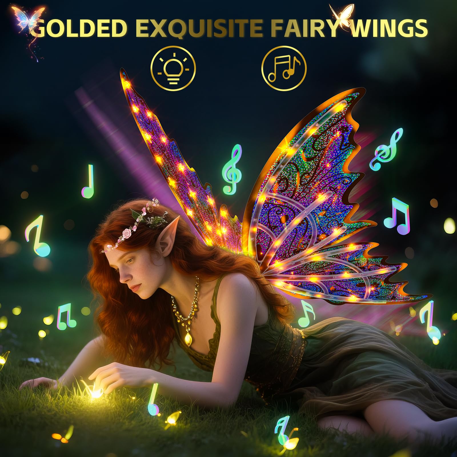 maysida Electric Fairy Wings for Girls, Light Up Moving Butterfly Wings with LED Lights and Music, Toy for Kids as Halloween Valentine Birthday Christmas Party Costume Princess Cosplay Dress Up Gift