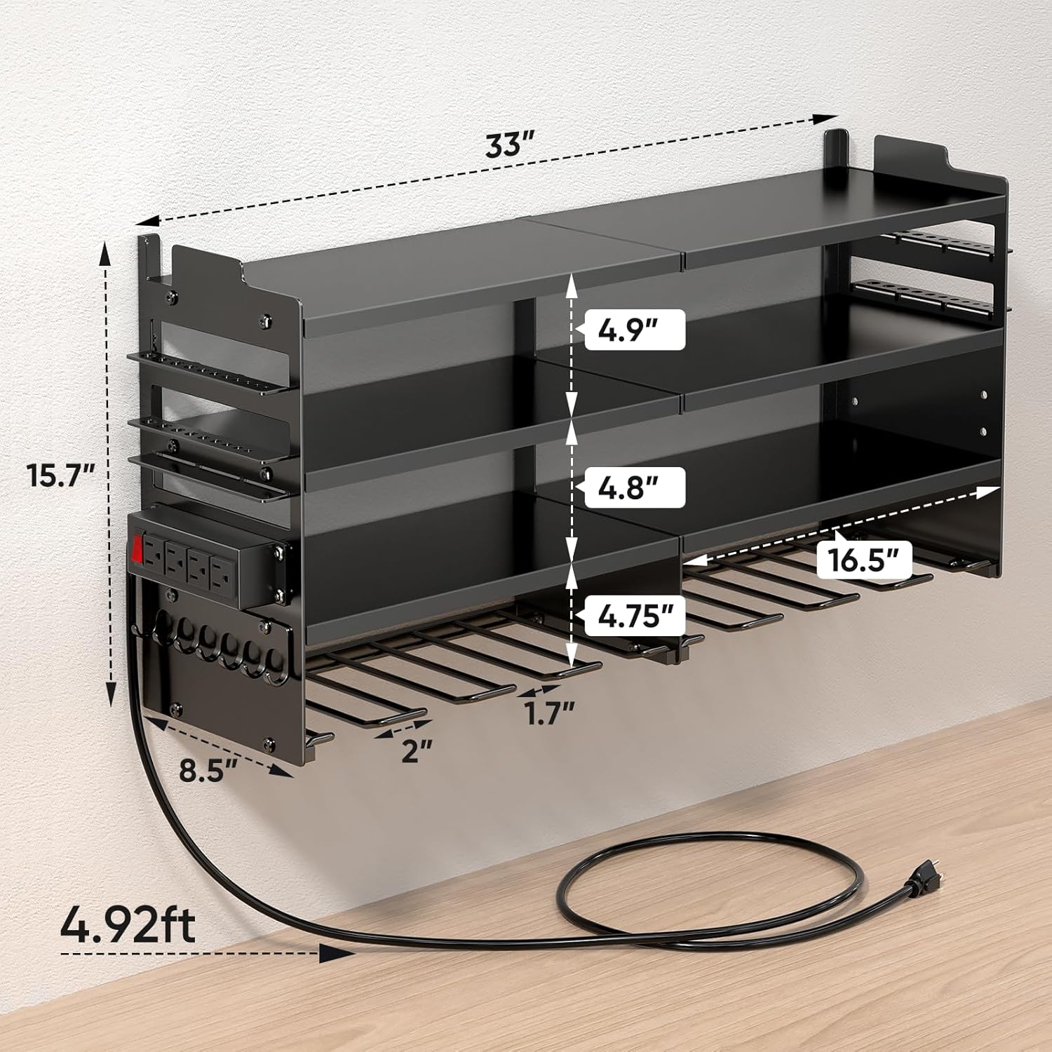 POKIPO Large Power Tool Organizer Wall Mount with Charging Station,4 Layer Heavy Duty Metal Tool Storage Rack Loads 600lbs with 8 Cordless Drill Holder,Battery Utility Rack Loads with 4 Power Strip