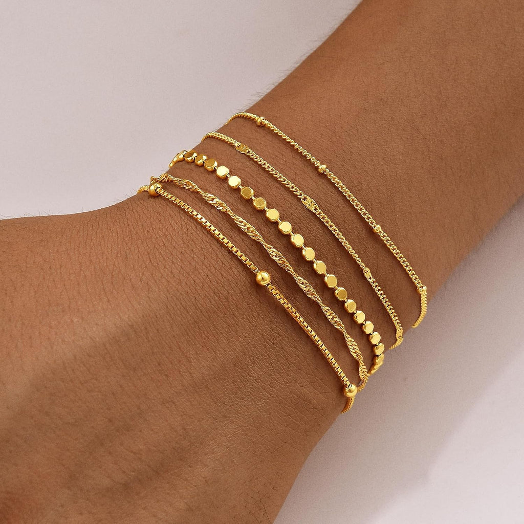 Gold Bracelets for Women, 14K Gold Plated Stackable Bracelet Stack Set Adjustable Charm Paperclip Chain Snake Link Layered Waterproof Jewelry Sets Gifts