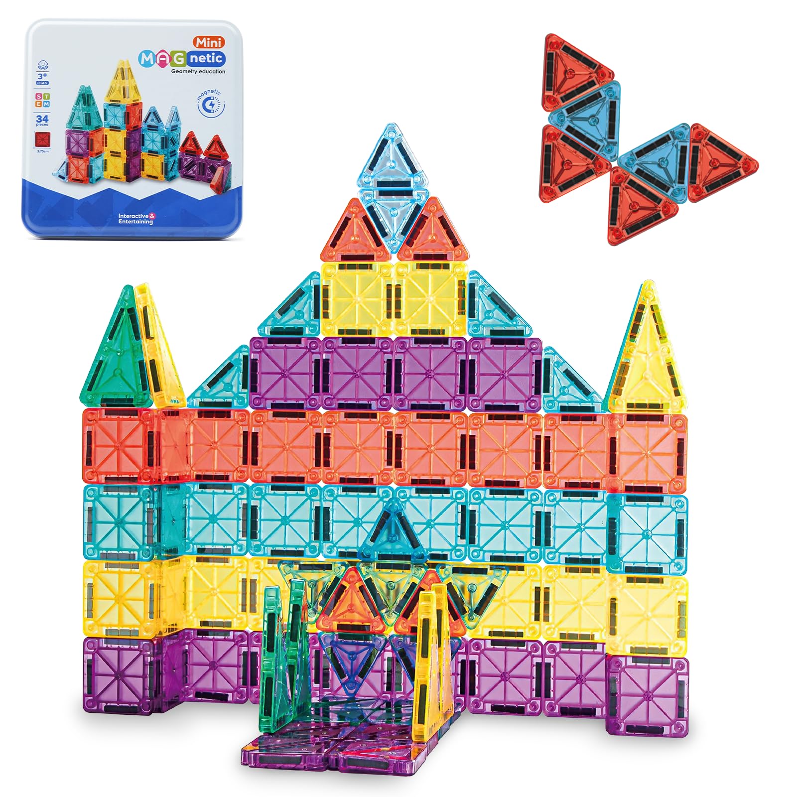Mini Magnetic Tiles 93PCS Set with 12 Cars and Storage Bag for Kids 3-6