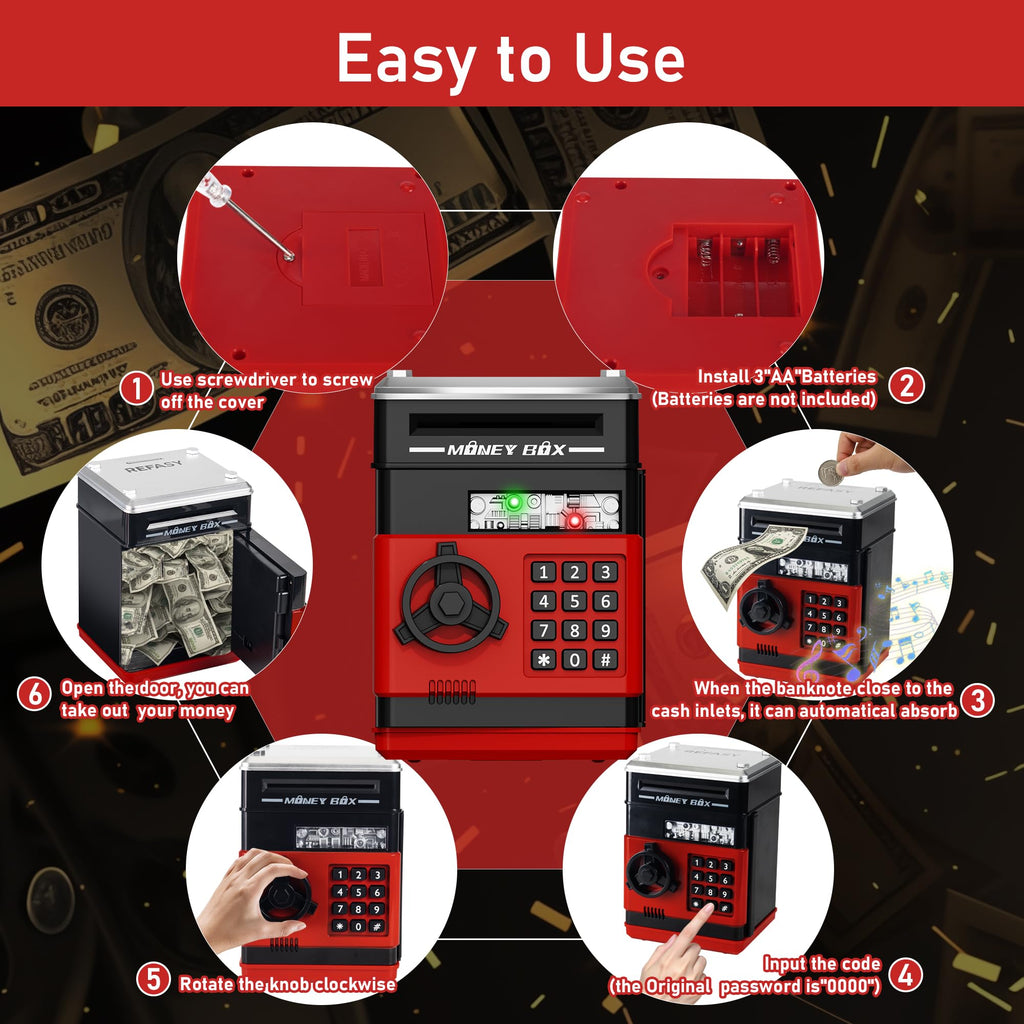 Refasy Piggy Bank Cash Coin Can ATM Bank Electronic Coin Money Bank for Kids Age 3-12, Money Savings Box Mini ATM Coin Bank Toys Gifts for 3 4 5 6 7 8 9 10 11 12 Year Old Boys Girls