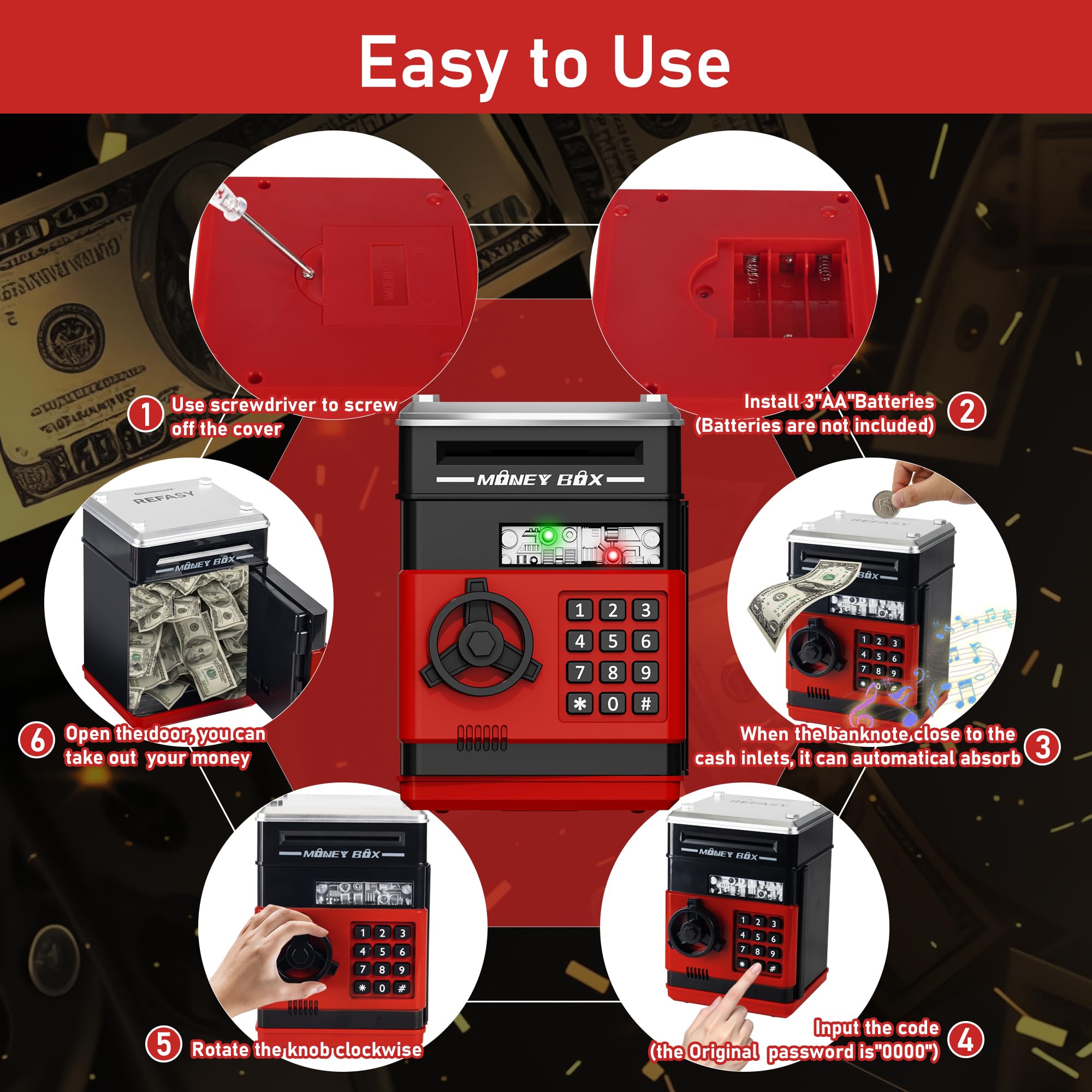 Refasy Piggy Bank Cash Coin Can ATM Bank Electronic Coin Money Bank for Kids Age 3-12, Money Savings Box Mini ATM Coin Bank Toys Gifts for 3 4 5 6 7 8 9 10 11 12 Year Old Boys Girls