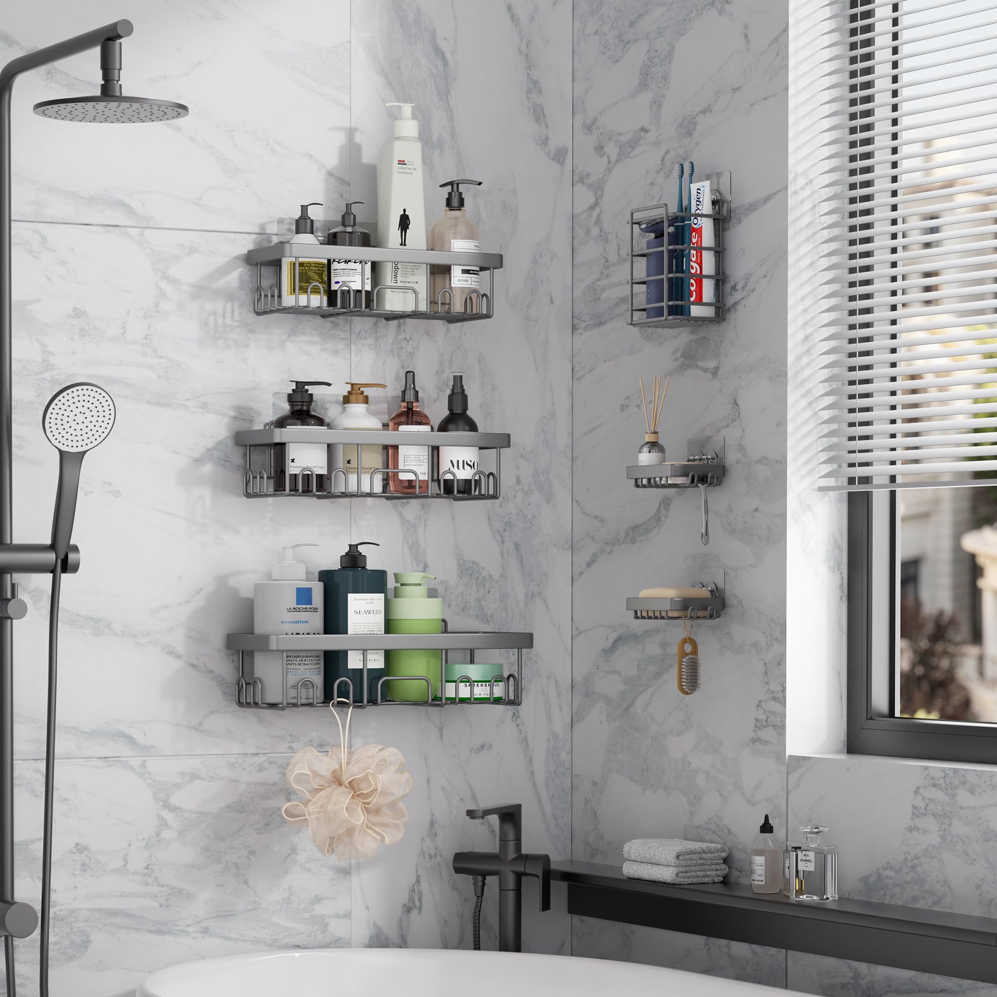 Veken Shower Caddy 6-Pack, Bathroom Organizers and Storage Shelves, Black