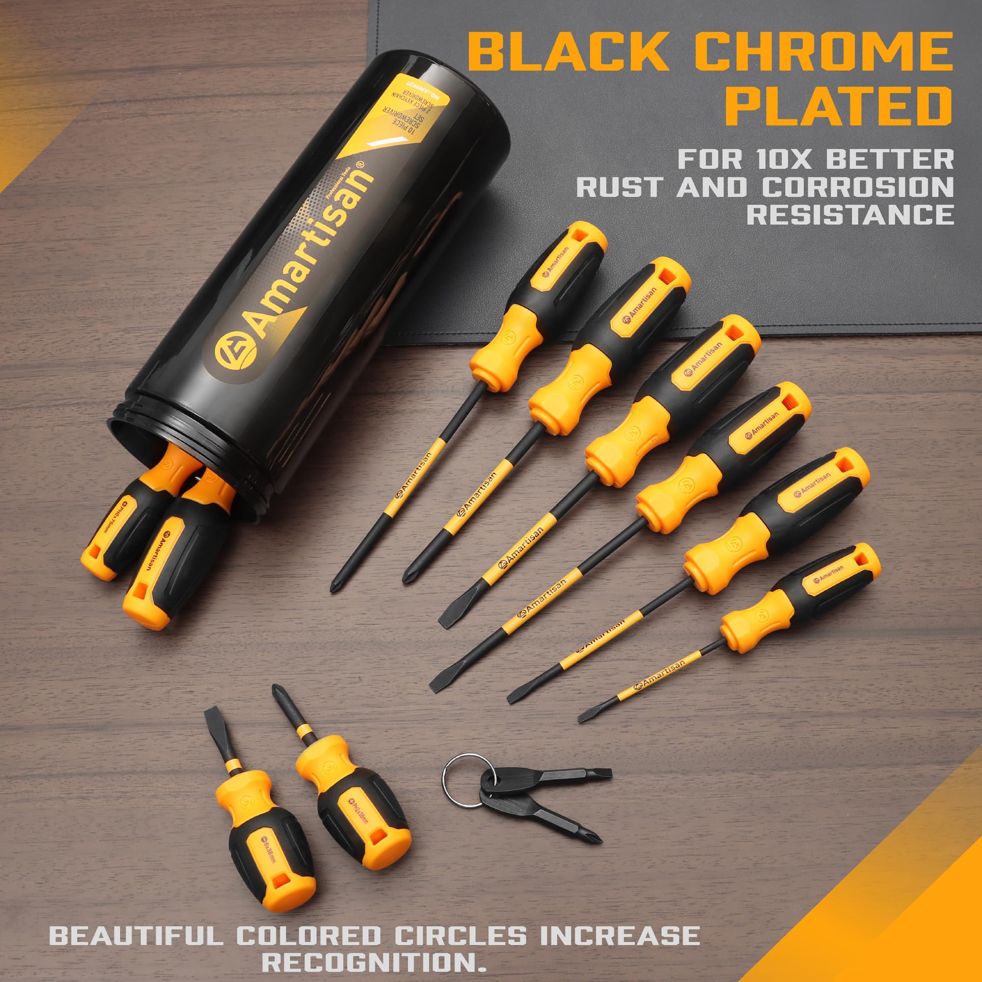 Amartisan 10-Piece Magnetic Screwdrivers Set, 5 Phillips and 5 Slotted Tips Professional Cushion Grip Screwdriver Set 2pcs Portable Multifunction Key Mini Screwdriver (Yellow)