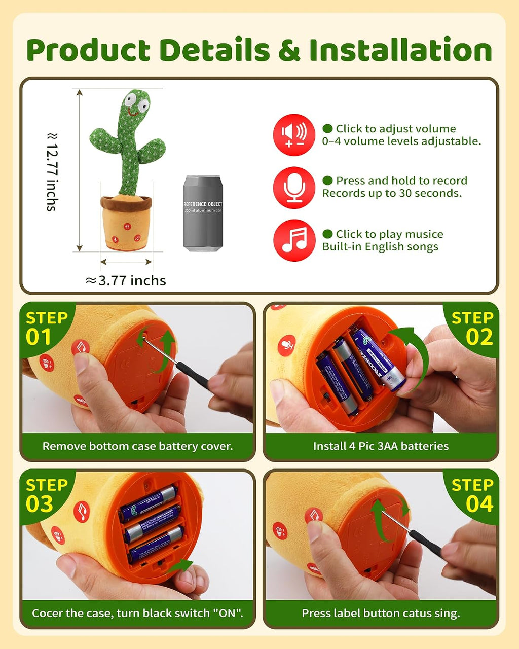 TWORIVER Adjustable Volume Dancing Talking Cactus Toy for Kid, Boys Girls Gifts Singing Mimicking Recording Repeating What You Say Kids Toys with 120 English Songs