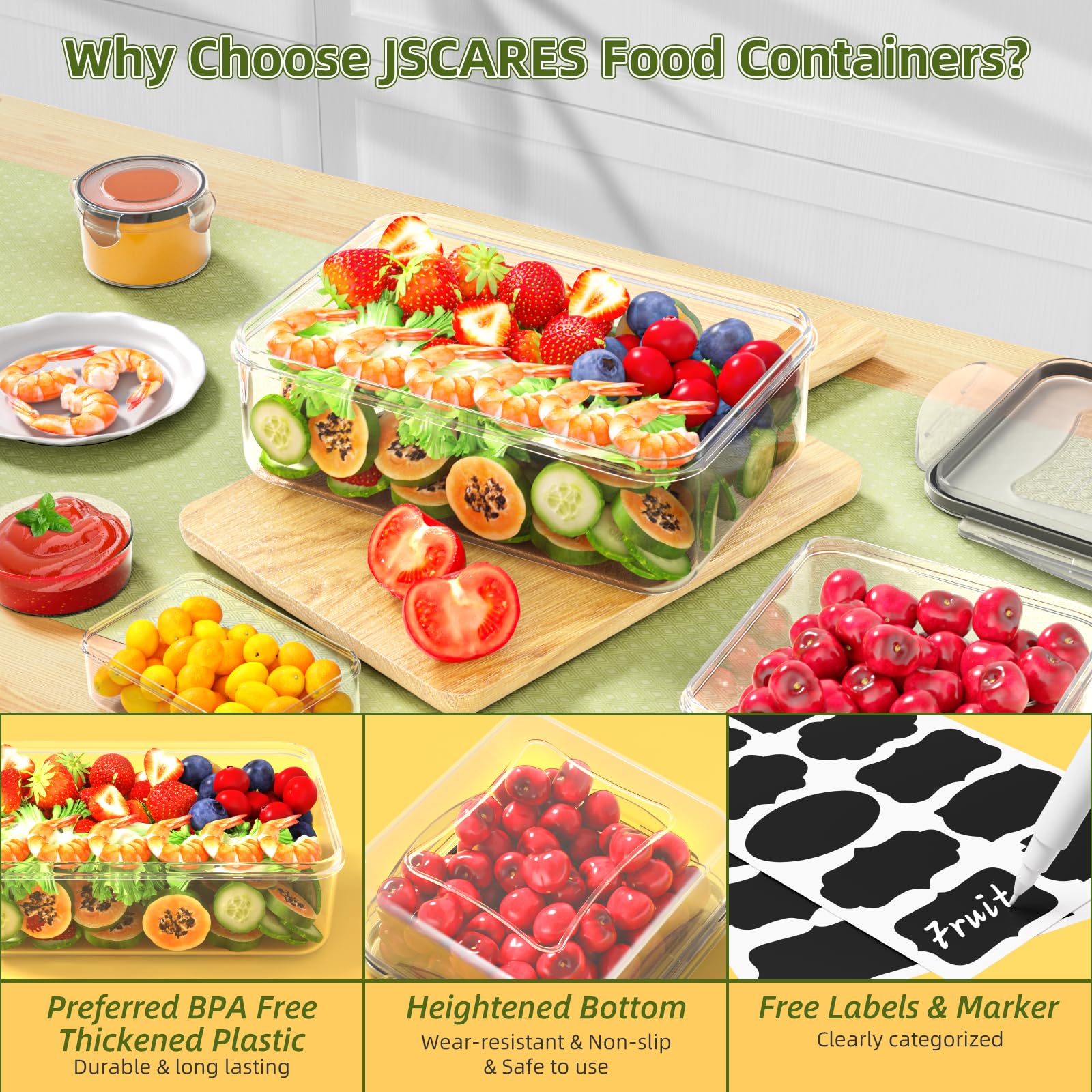 JSCARES 40 PCS Food Storage Containers with Lids Airtight (20 Lids &20 Containers) - Leakproof Meal-Prep Containers for Kitchen Storage Reusable Plastic Microwave/Dishwasher Safe with Labels & Pen