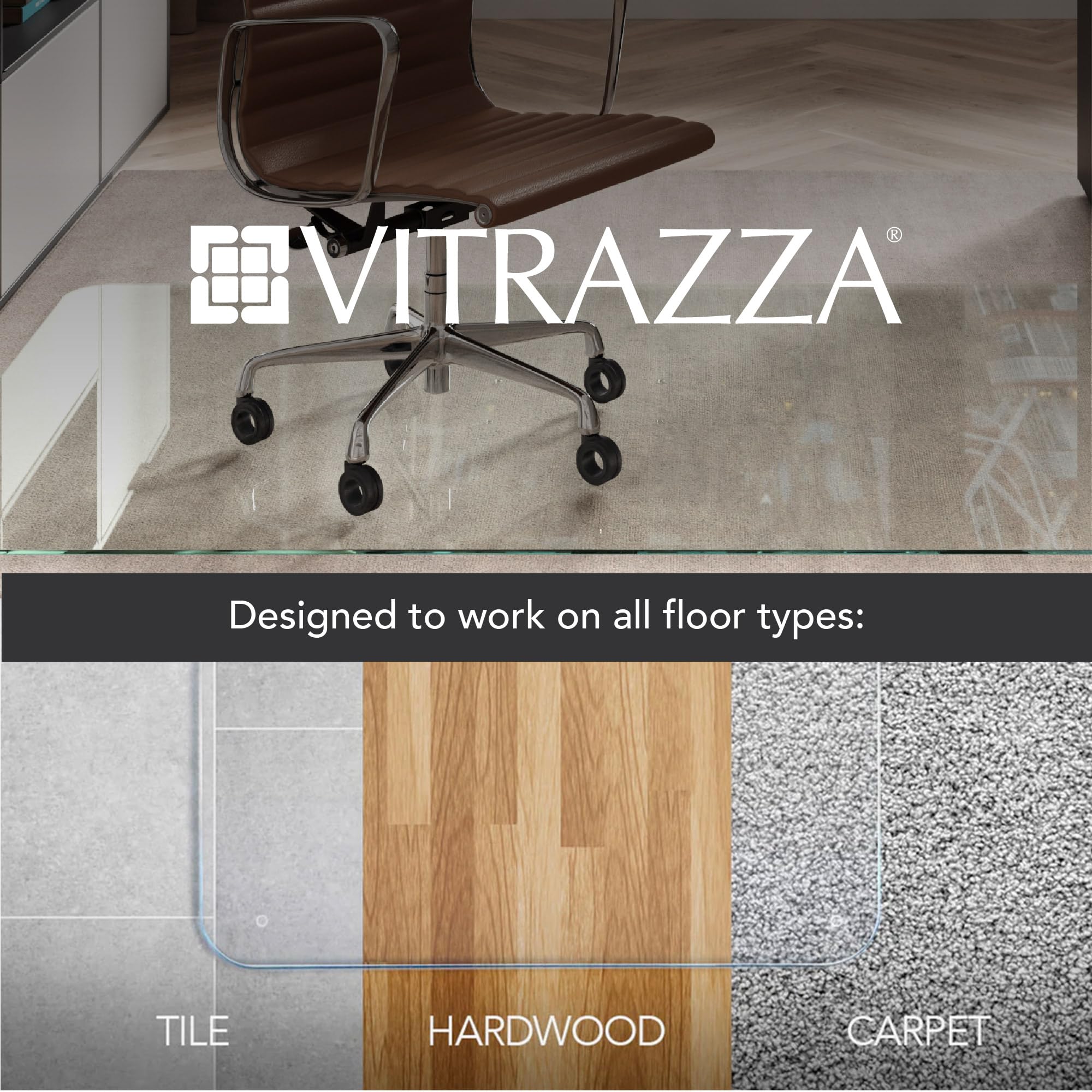 Vitrazza Glass Chair Mat 46” x 60” Superior ¼ Thick, Chiaro Standard Clear, Certified Tempered Safety Glass, Delivers a Smooth Glide, Protects Carpet or Wood, Beautiful in Home or Office.