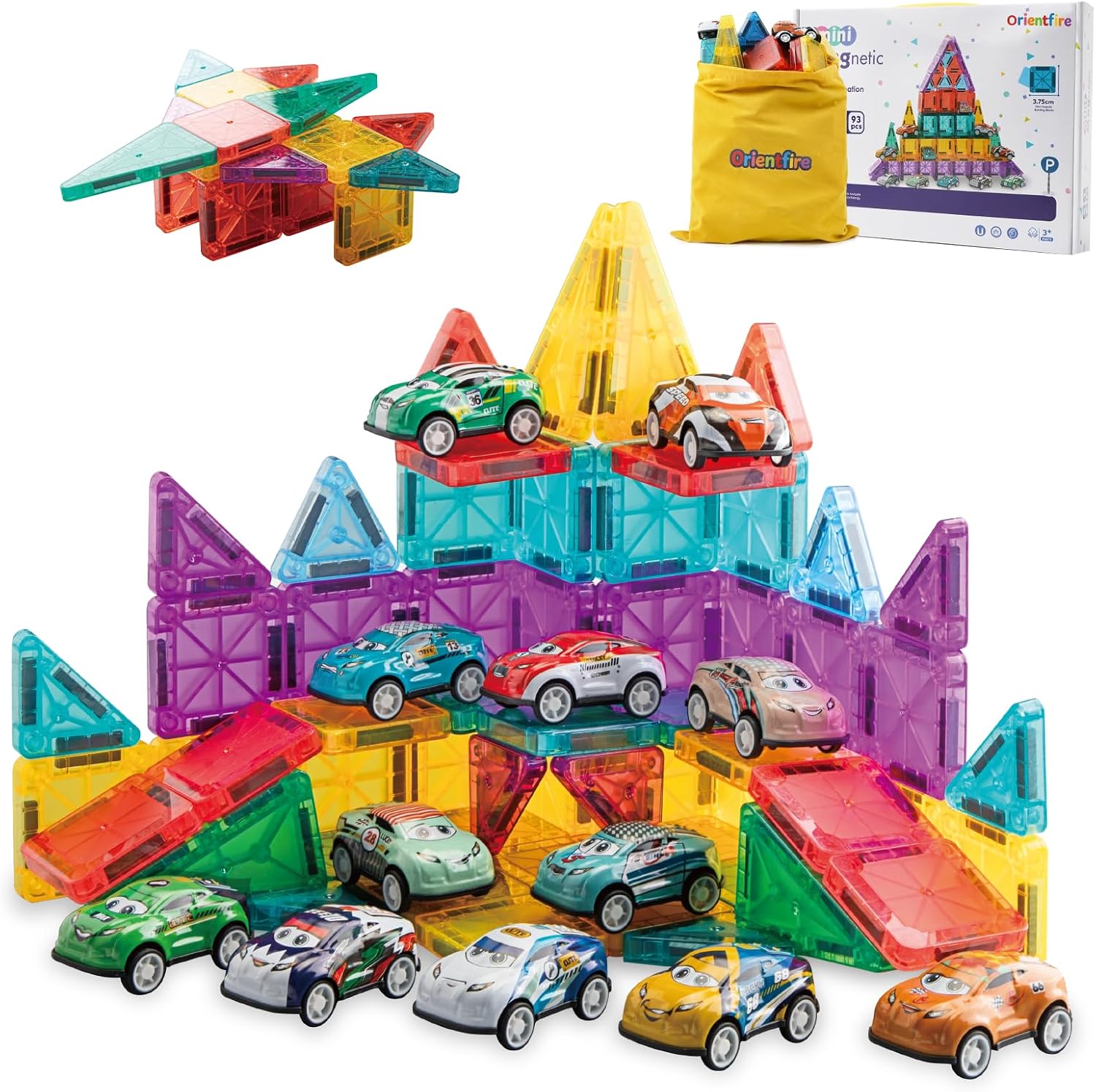Mini Magnetic Tiles 93PCS Set with 12 Cars and Storage Bag for Kids 3-6