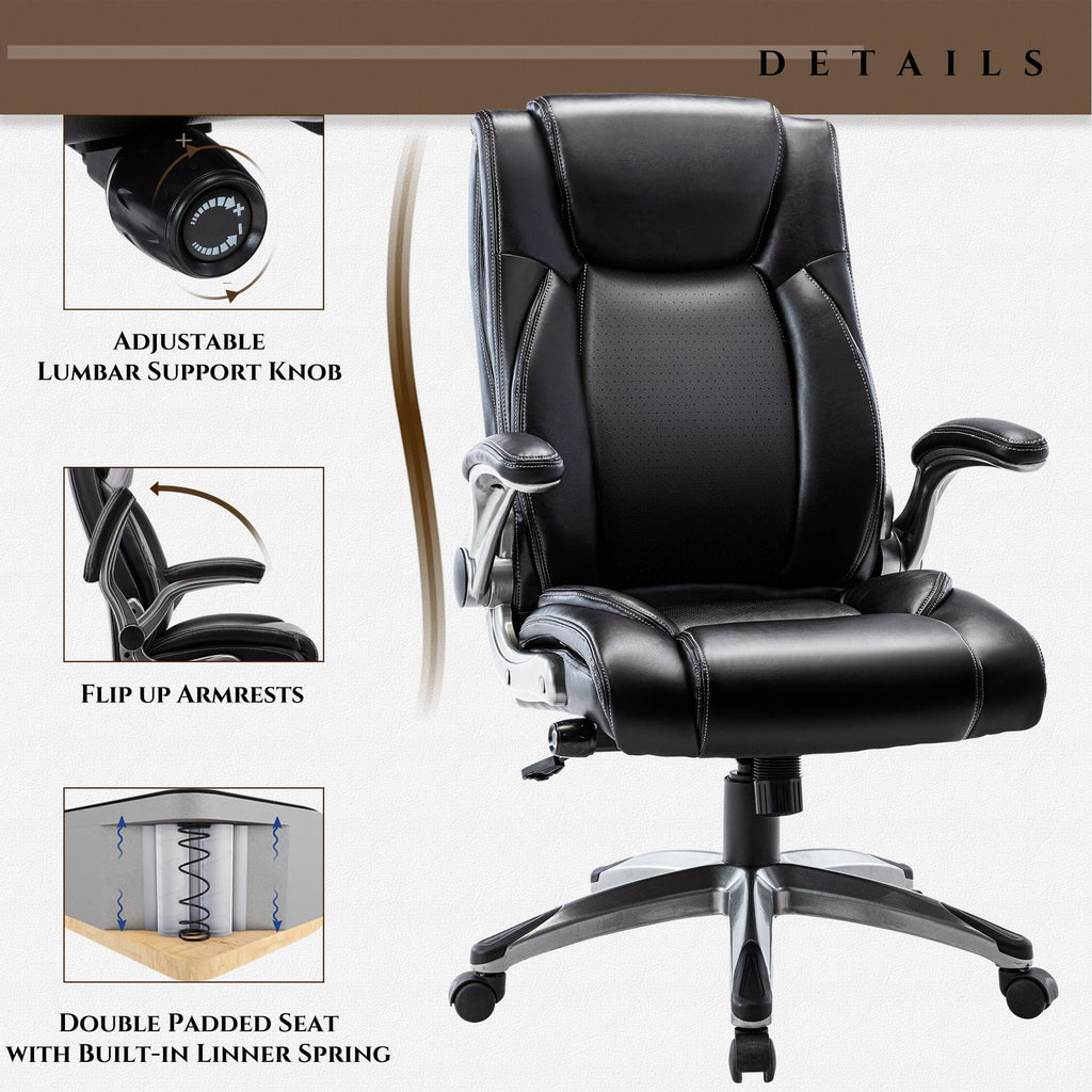 COLAMY High Back Executive Office Chair - Padded Leather Ergonomic Computer Desk Chair with Inflatable Lumbar Support & Flip-Up Arms, Adjustable Tilt Lock Swivel Task Chair for Home Office, Black