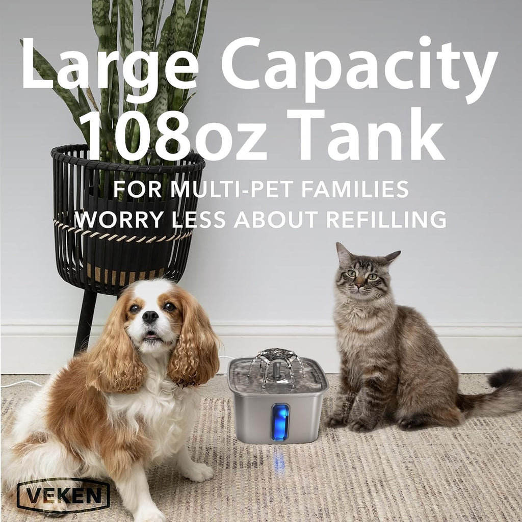 Veken Innovation Award Winner Stainless Steel Cat Water Fountain, 108oz