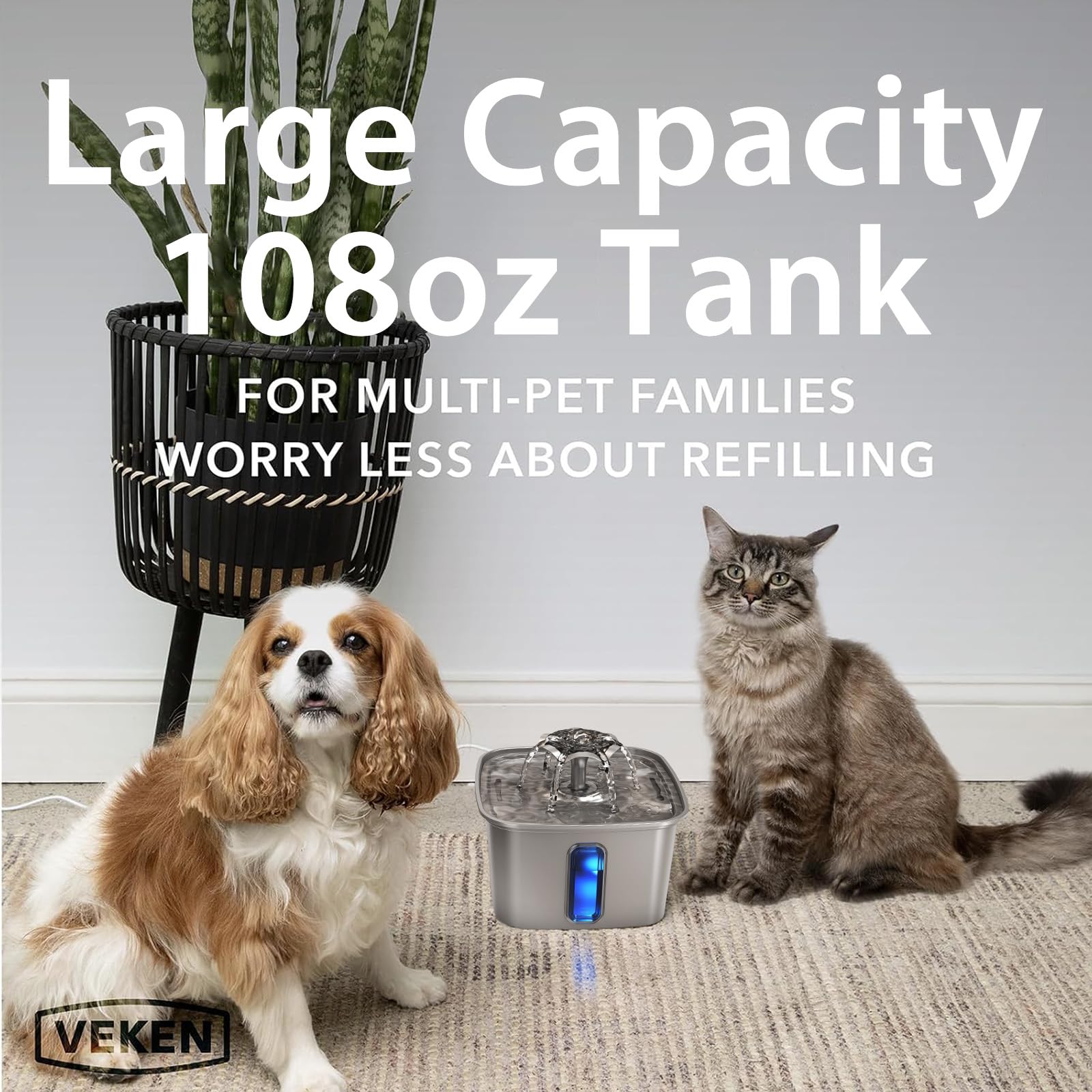 Veken Innovation Award Winner Stainless Steel Cat Water Fountain, 108oz