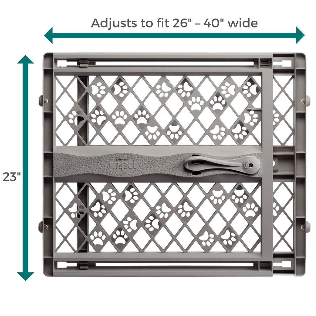MYPET North States Paws Portable Pet Gate: 26-40" Wide. Pressure Mount. No Tools Needed. Made in USA. Dog Gate 23" Tall, Expandable, Durable Dog Gates for Doorways, Light Gray