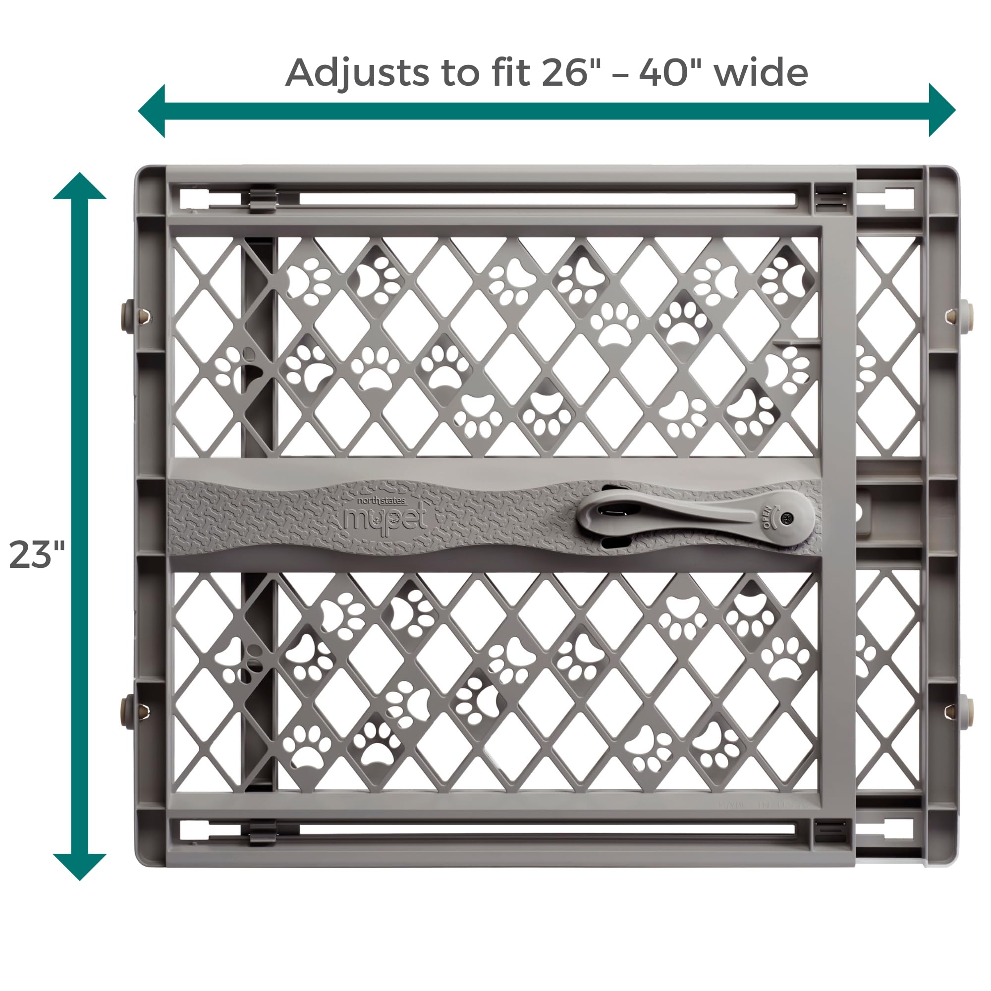 MYPET North States Paws Portable Pet Gate: 26-40" Wide. Pressure Mount. No Tools Needed. Made in USA. Dog Gate 23" Tall, Expandable, Durable Dog Gates for Doorways, Light Gray