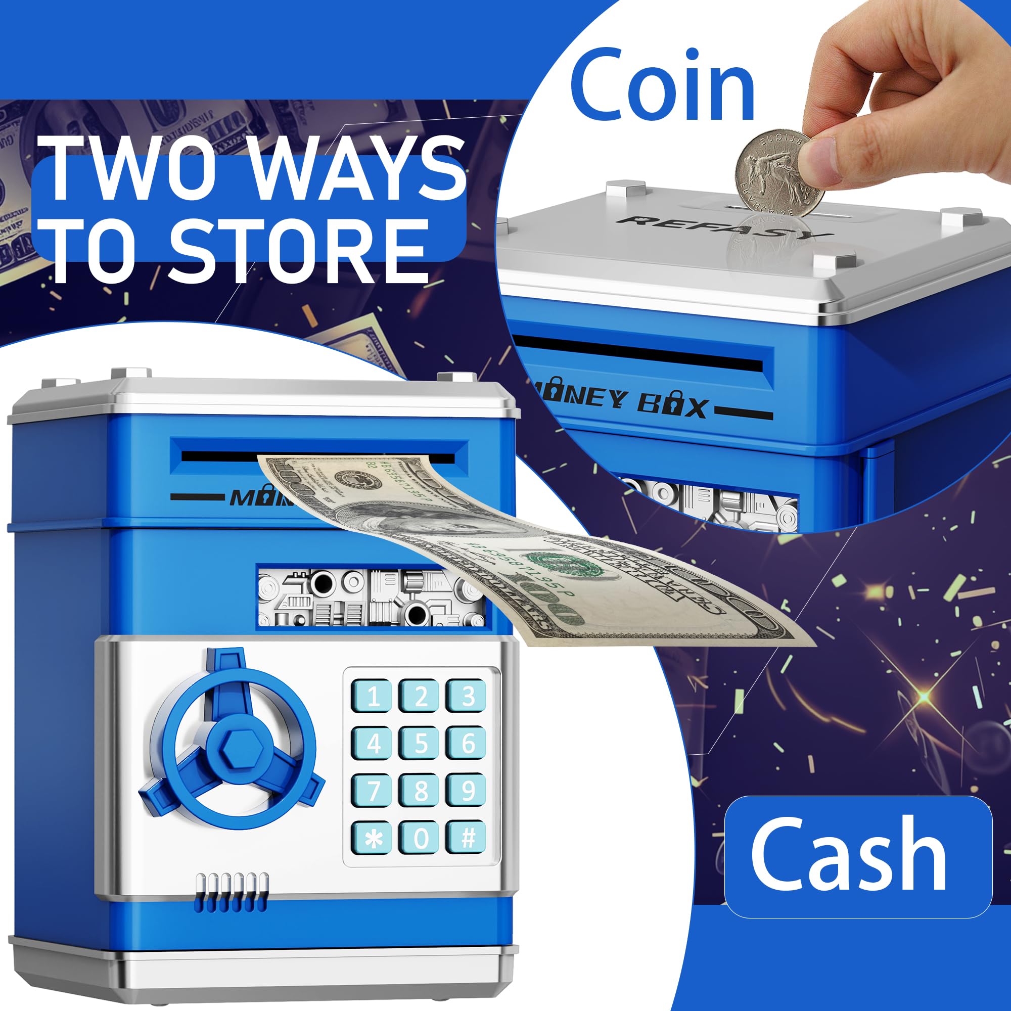 Refasy Piggy Bank Cash Coin Can ATM Bank Electronic Coin Money Bank for Kids Age 3-12, Money Savings Box Mini ATM Coin Bank Toys Gifts for 3 4 5 6 7 8 9 10 11 12 Year Old Boys Girls