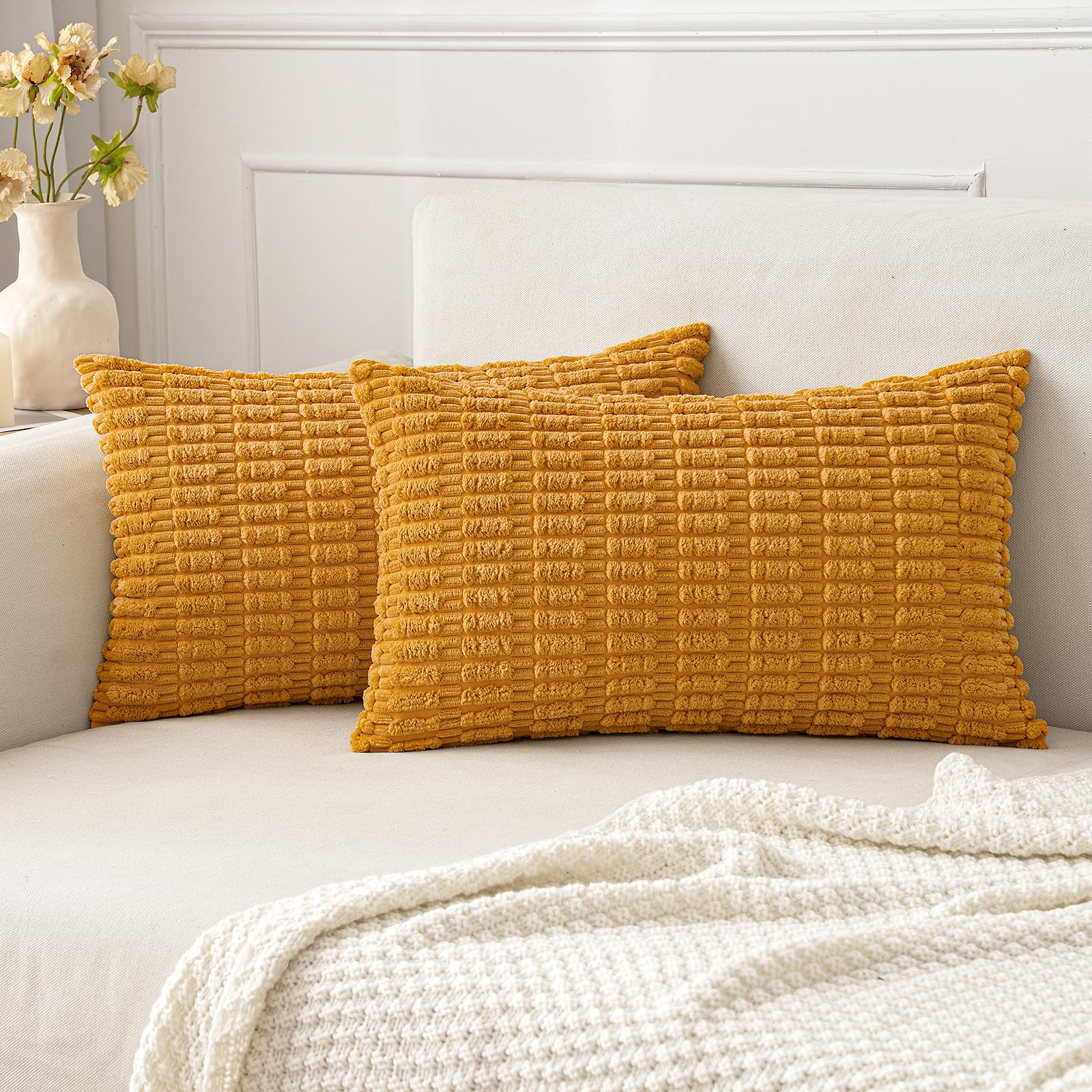 MIULEE Corduroy Decorative Throw Pillow Covers 18x18 Cream White Pack of 2