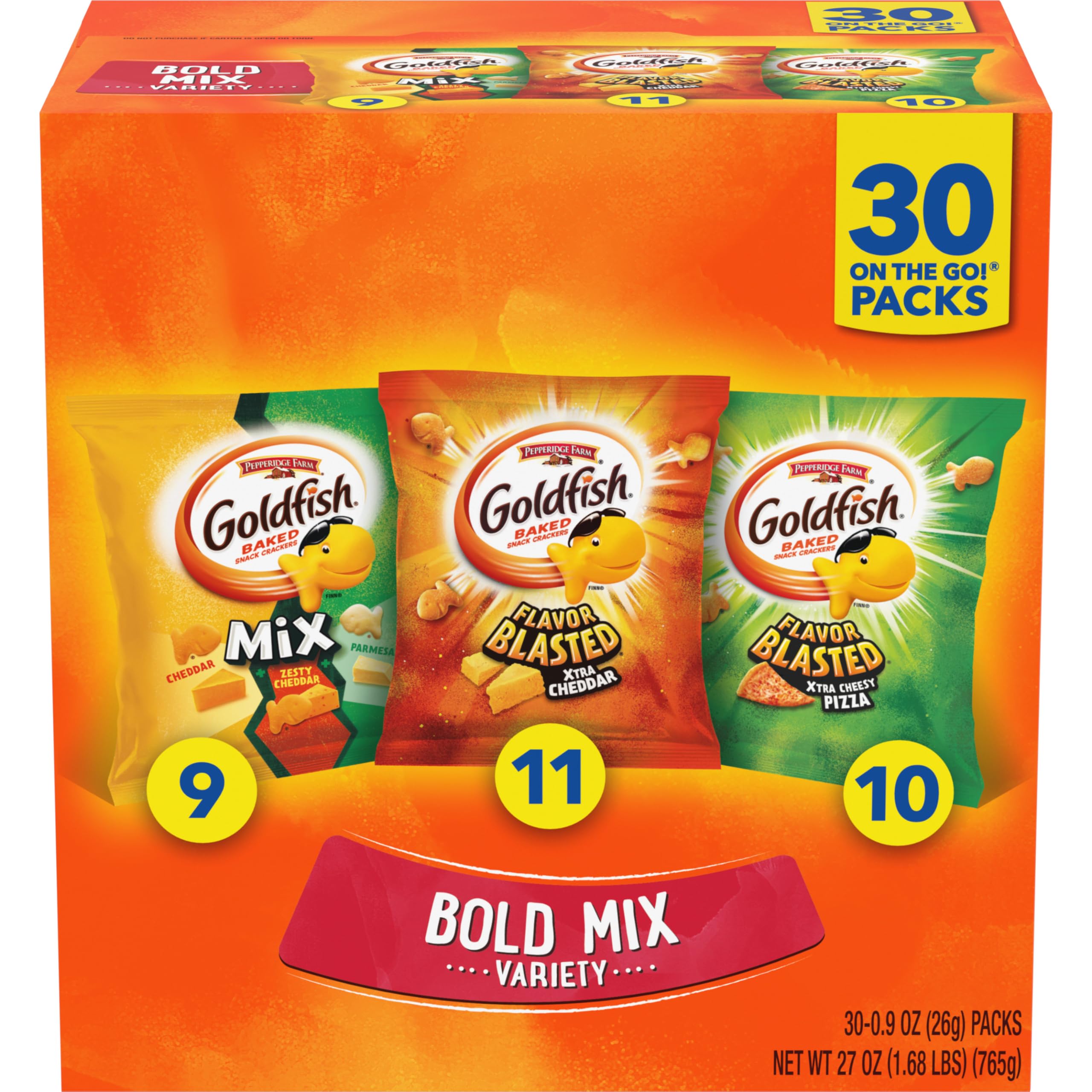 Goldfish Crackers Big Smiles Variety Pack with Cheddar, Colors, and Pretzels, Snack Packs, 30 Ct