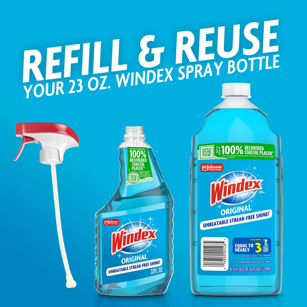 Windex Glass and Window Cleaner Spray Bottle, Packaging Designed to Prevent Leakage and Breaking, Surface Cleaning Spray, Original Blue Scent, 23 Fl Oz