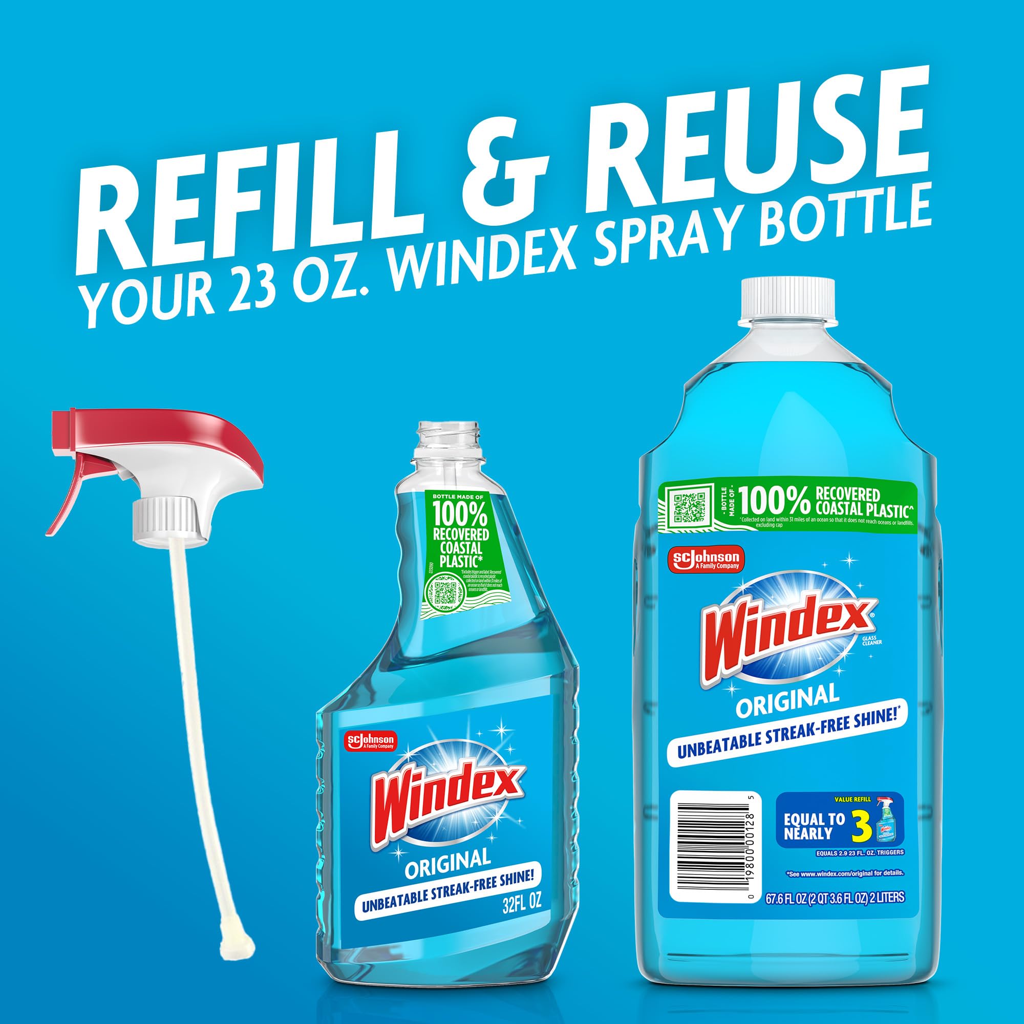 Windex Glass and Window Cleaner Spray Bottle, Packaging Designed to Prevent Leakage and Breaking, Surface Cleaning Spray, Original Blue Scent, 23 Fl Oz