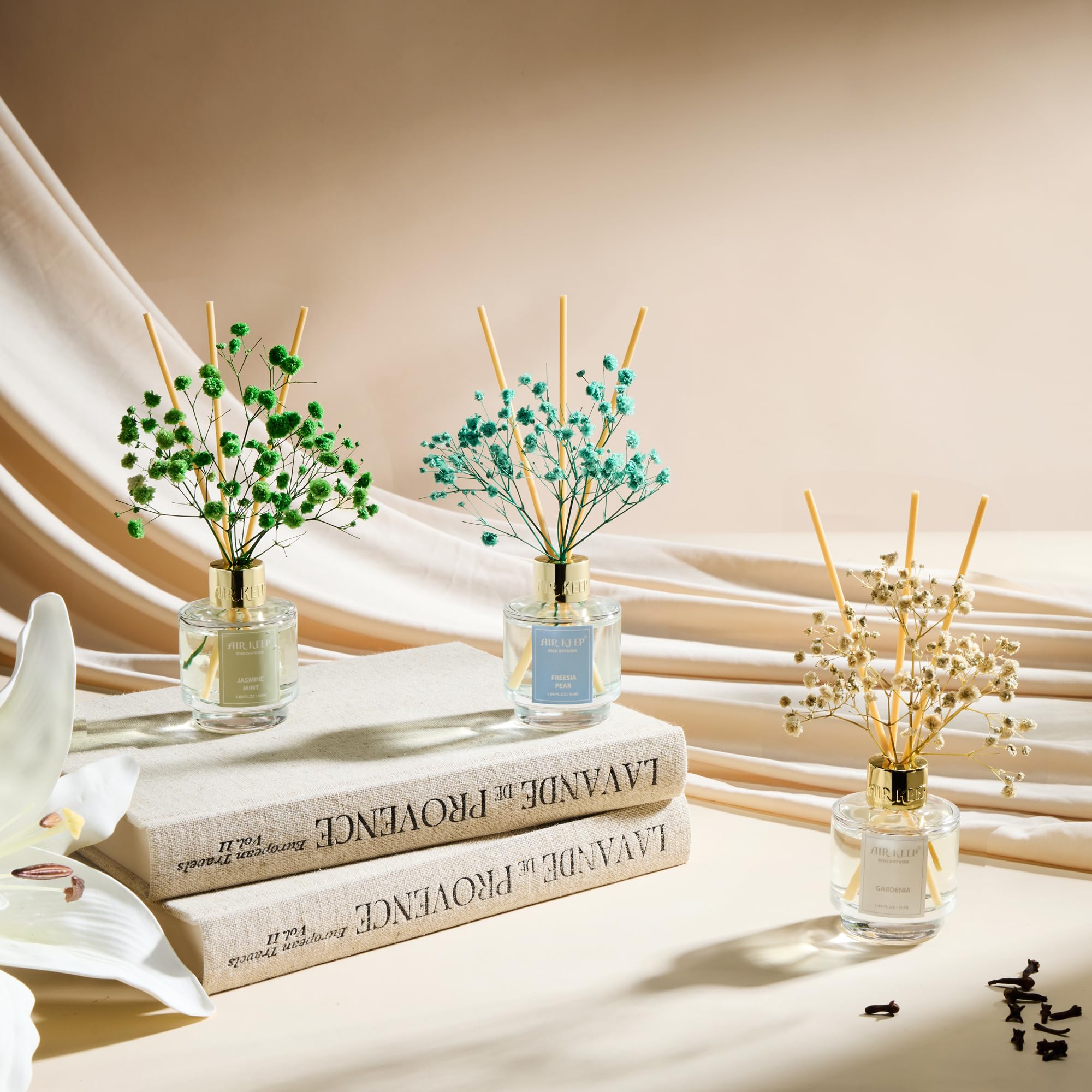 Airkeep Reed Diffuser Set of 3,Clean Linen Ocean Mist&Sea Salt Lavender Eucalyptus Oil Reed Diffusers for Bedroom Living Room Office Aromatherapy Oil Reed Diffuser for Gift 50ml x 3