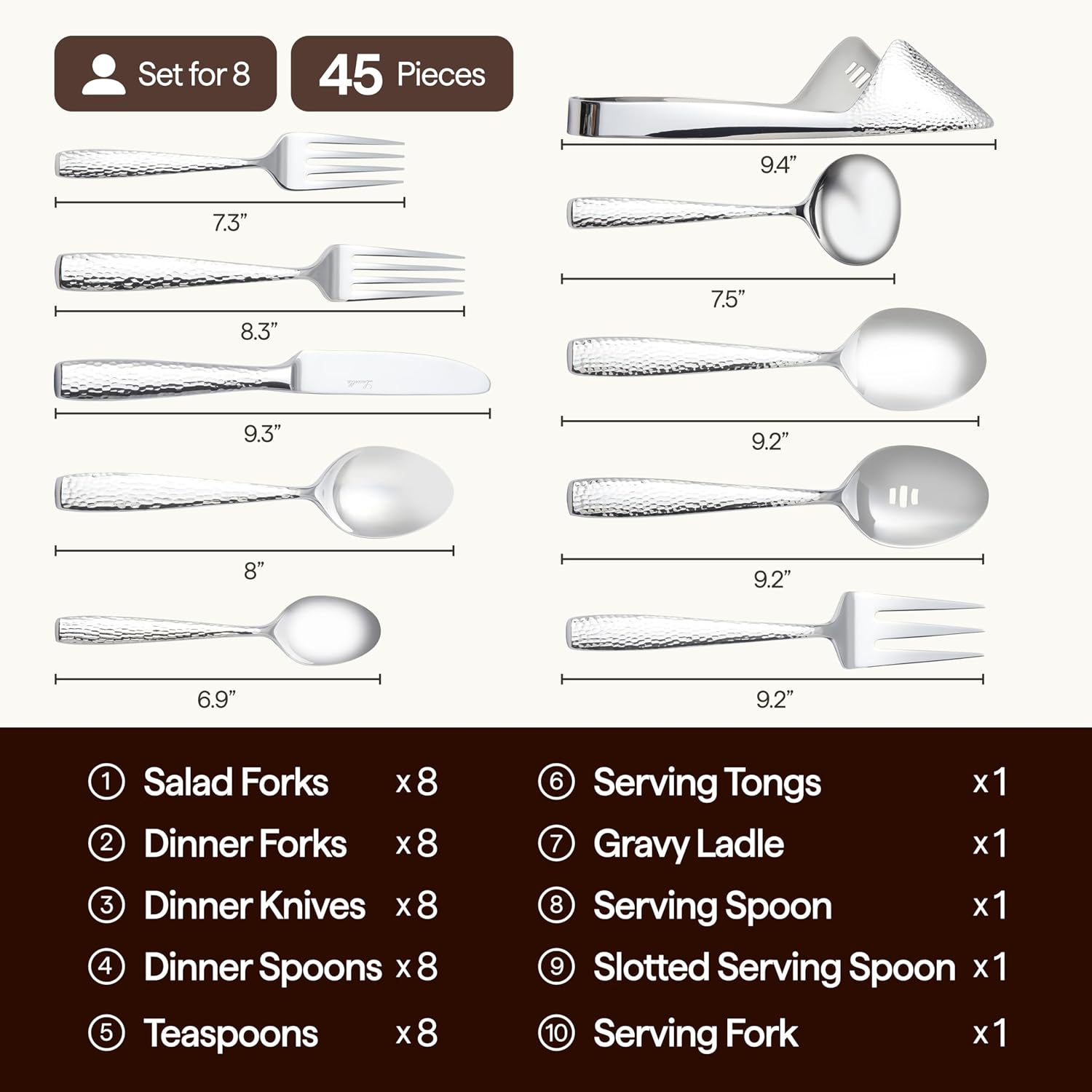 LUCIELLA 45-Piece Hammered 18/10 Forged Silverware Set and serving utensils