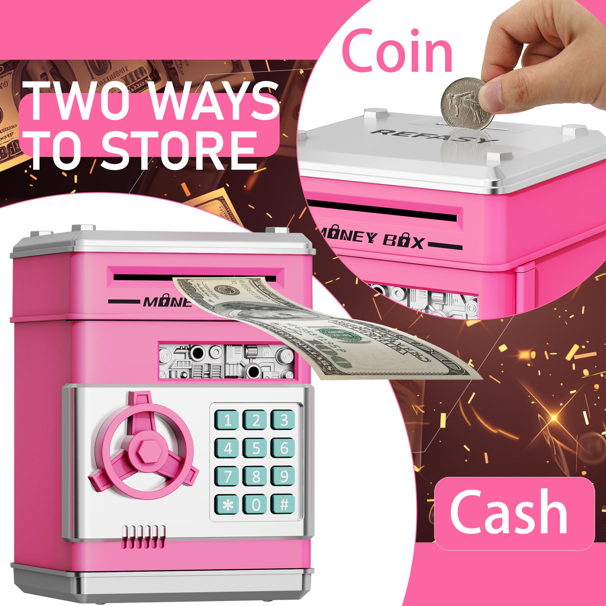 Refasy Piggy Bank Cash Coin Can ATM Bank Electronic Coin Money Bank for Kids Age 3-12, Money Savings Box Mini ATM Coin Bank Toys Gifts for 3 4 5 6 7 8 9 10 11 12 Year Old Boys Girls