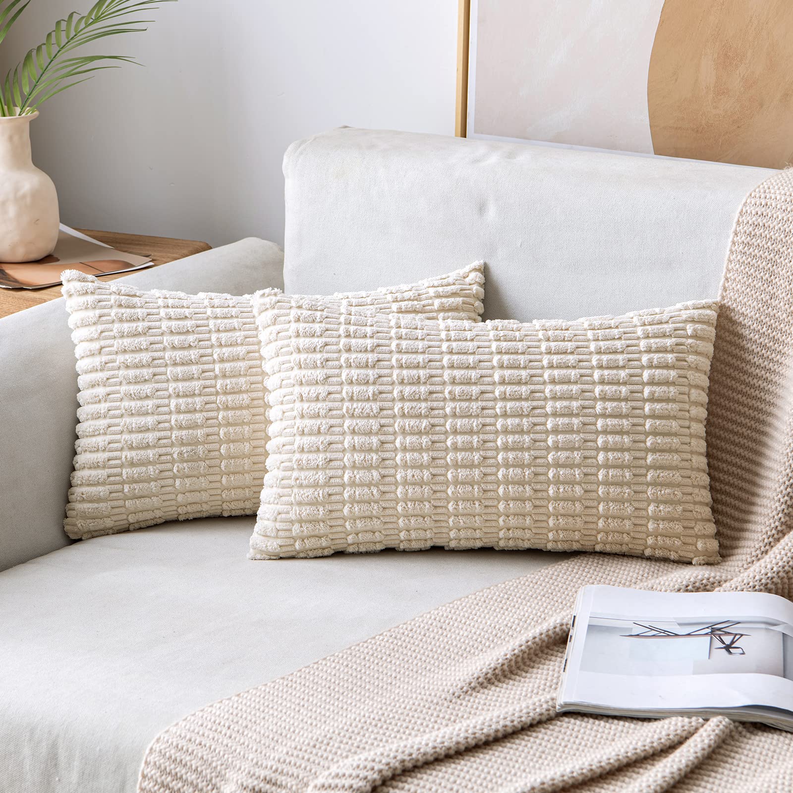 MIULEE Corduroy Decorative Throw Pillow Covers 18x18 Cream White Pack of 2