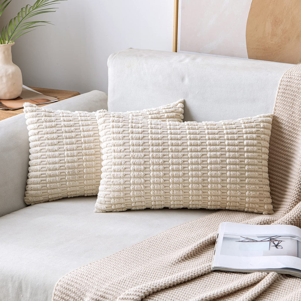 MIULEE Corduroy Decorative Throw Pillow Covers 18x18 Cream White Pack of 2