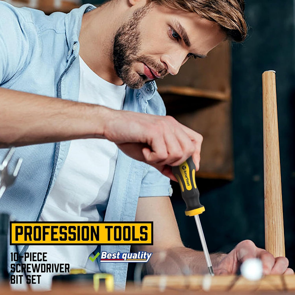Amartisan 10-Piece Magnetic Screwdrivers Set, 5 Phillips and 5 Slotted Tips Professional Cushion Grip Screwdriver Set 2pcs Portable Multifunction Key Mini Screwdriver (Yellow)