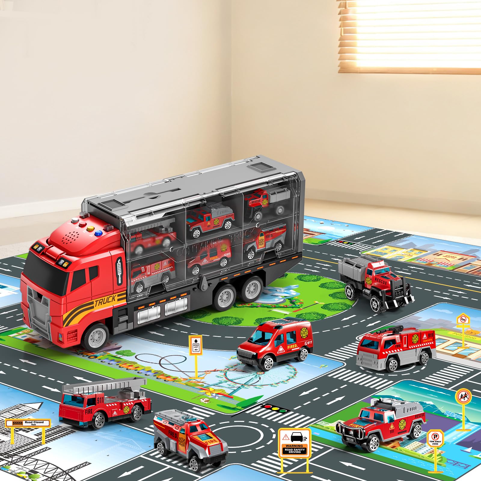 NIPLOOOW Toddler Boys Construction Truck Vehicle Toy Set with Play Mat and Die-Cast Toy Car, Transport Carrier Truck for Kids 3-5, Birthday Gifts Toys for 3-8 Year Old Boys