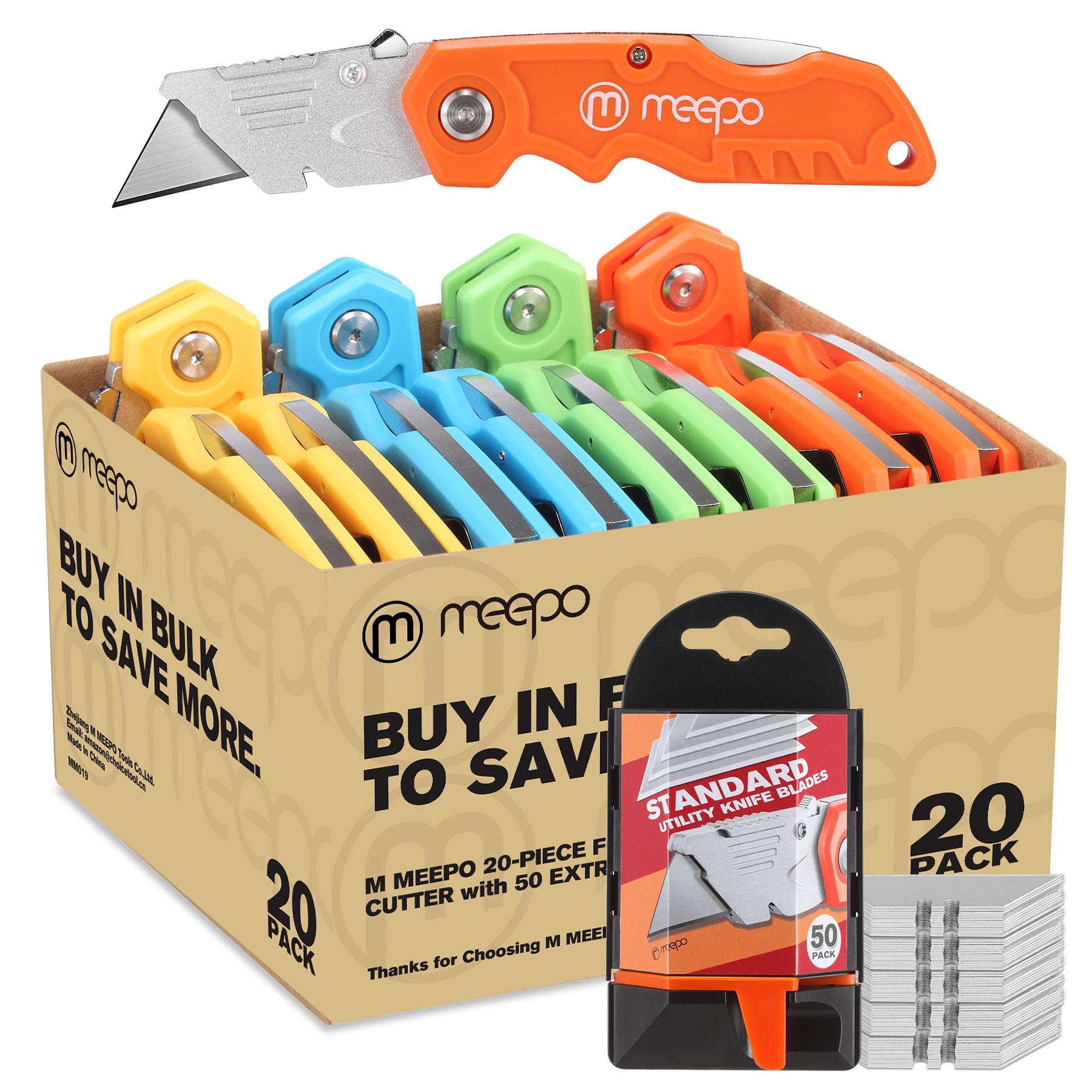 M MEEPO 4-Pack Box Cutter, Colorful Folding Utility Knife w/ 10 pcs Blades