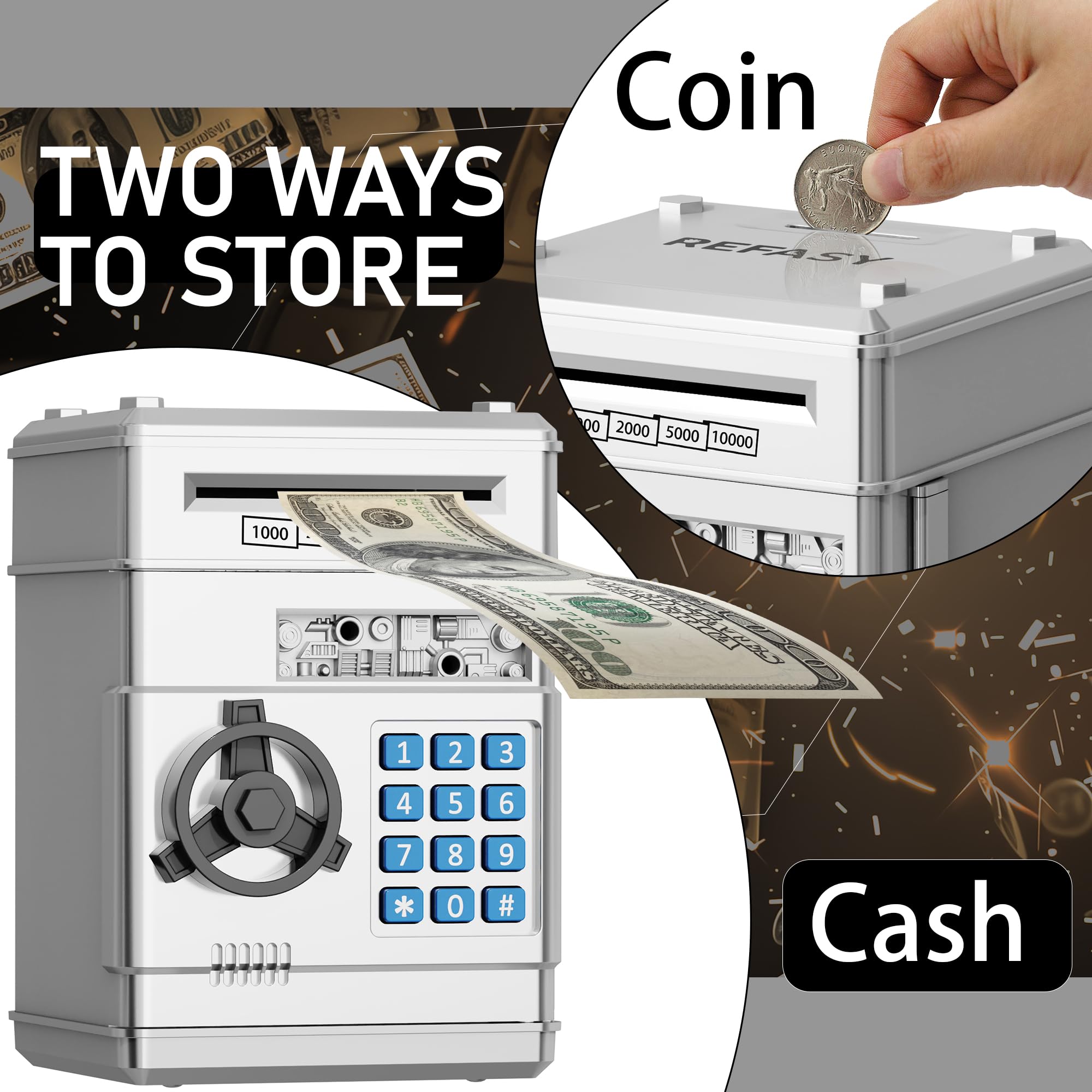 Refasy Piggy Bank Cash Coin Can ATM Bank Electronic Coin Money Bank for Kids Age 3-12, Money Savings Box Mini ATM Coin Bank Toys Gifts for 3 4 5 6 7 8 9 10 11 12 Year Old Boys Girls