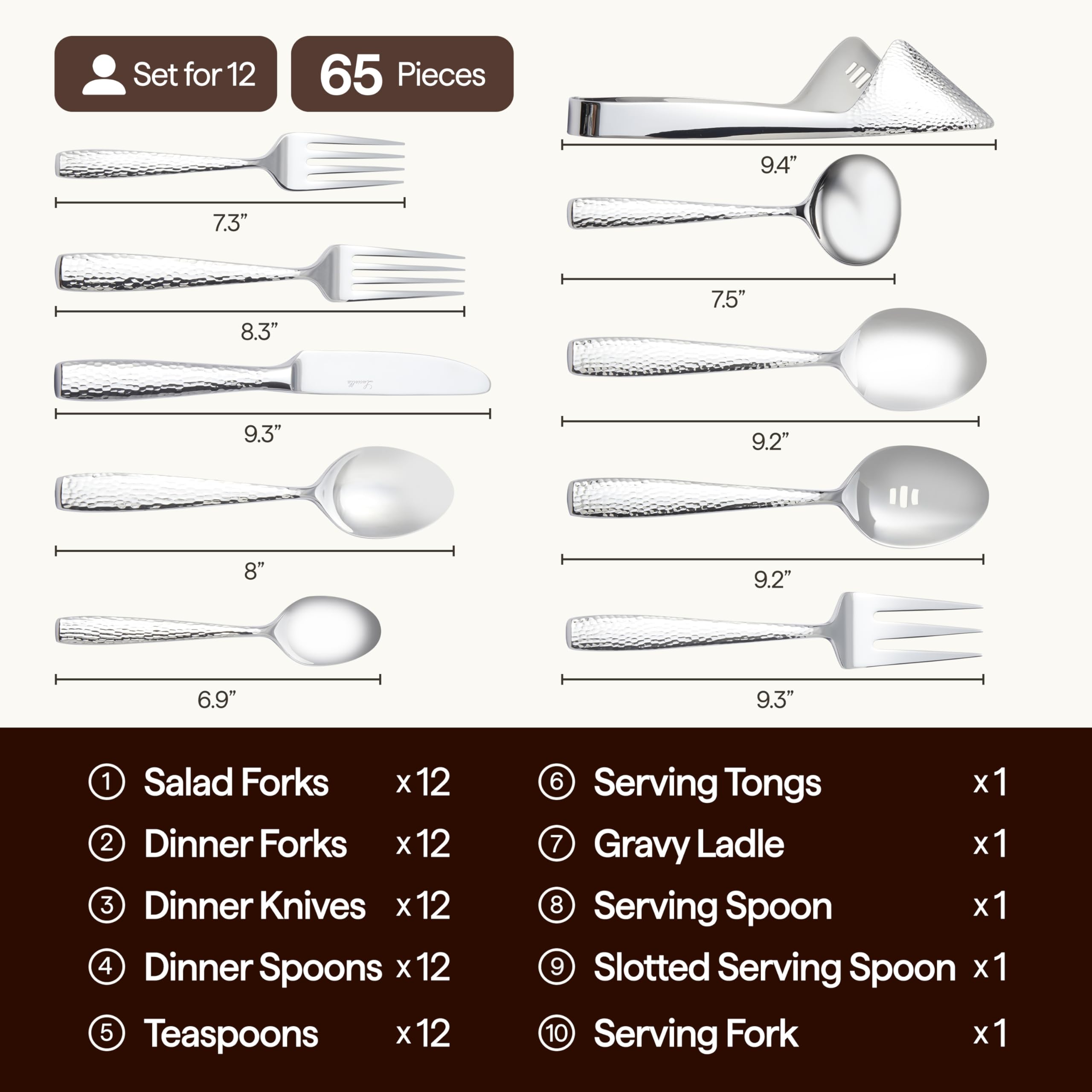 LUCIELLA 45-Piece Hammered 18/10 Forged Silverware Set and serving utensils