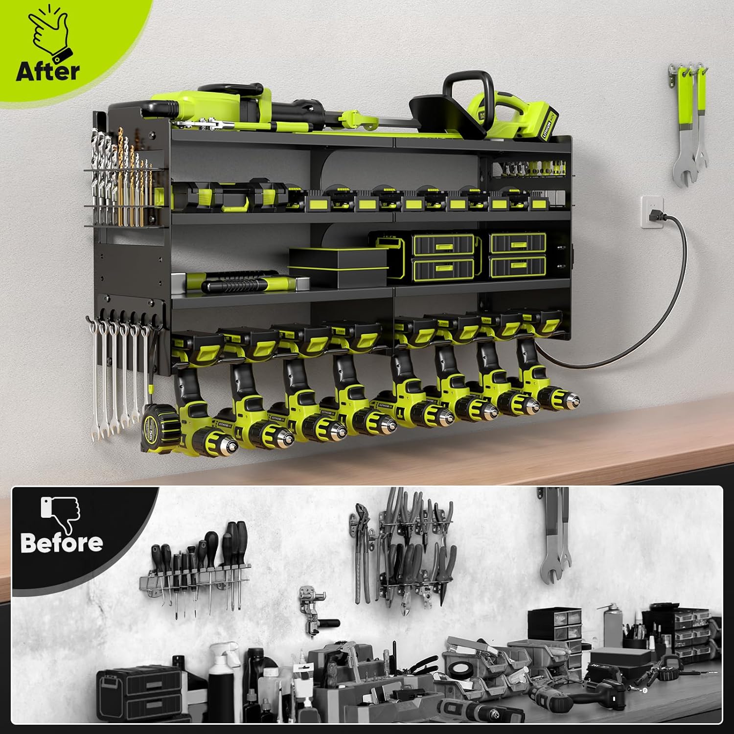 POKIPO Large Power Tool Organizer Wall Mount with Charging Station,4 Layer Heavy Duty Metal Tool Storage Rack Loads 600lbs with 8 Cordless Drill Holder,Battery Utility Rack Loads with 4 Power Strip