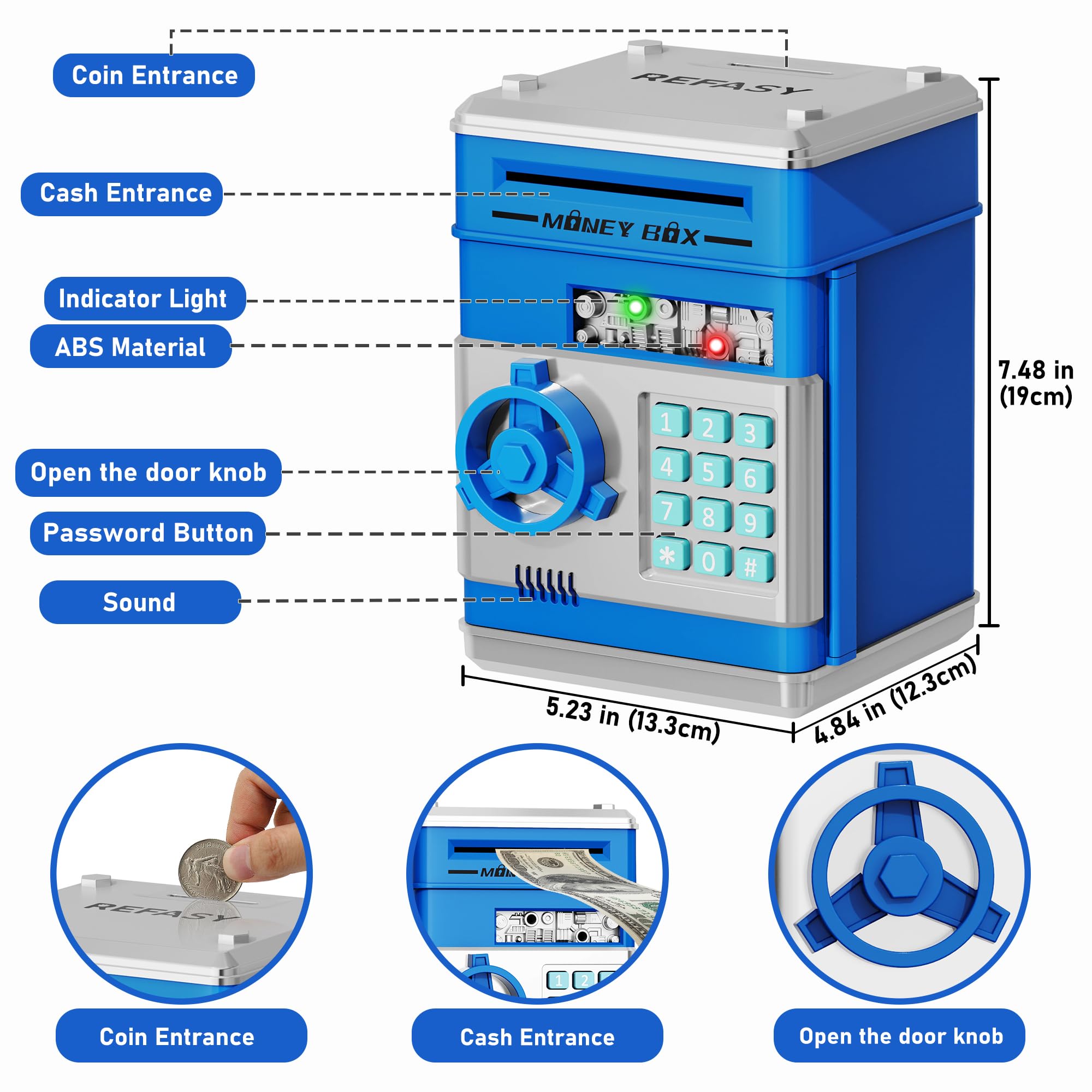 Refasy Piggy Bank Cash Coin Can ATM Bank Electronic Coin Money Bank for Kids Age 3-12, Money Savings Box Mini ATM Coin Bank Toys Gifts for 3 4 5 6 7 8 9 10 11 12 Year Old Boys Girls