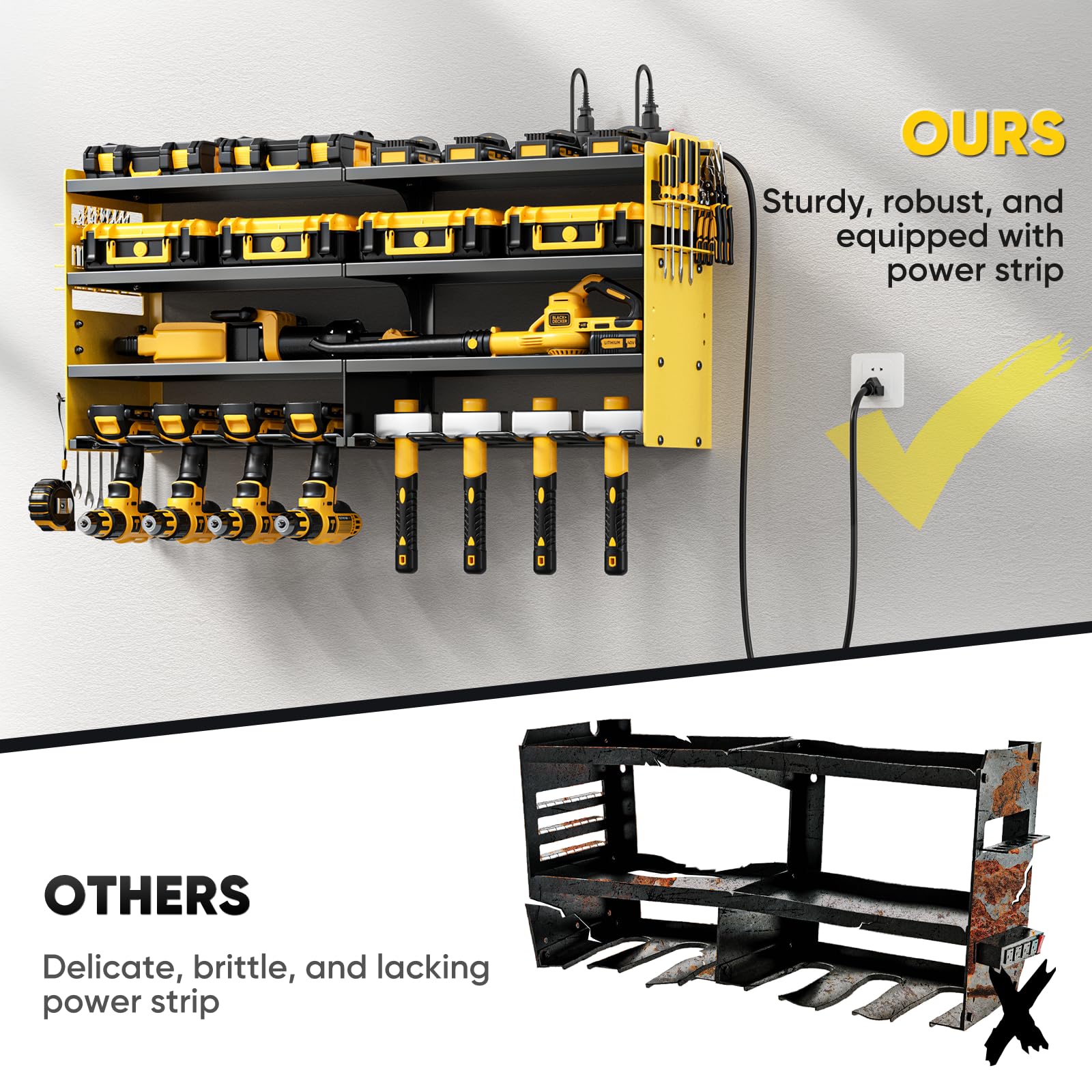 POKIPO Large Power Tool Organizer Wall Mount with Charging Station,4 Layer Heavy Duty Metal Tool Storage Rack Loads 600lbs with 8 Cordless Drill Holder,Battery Utility Rack Loads with 4 Power Strip