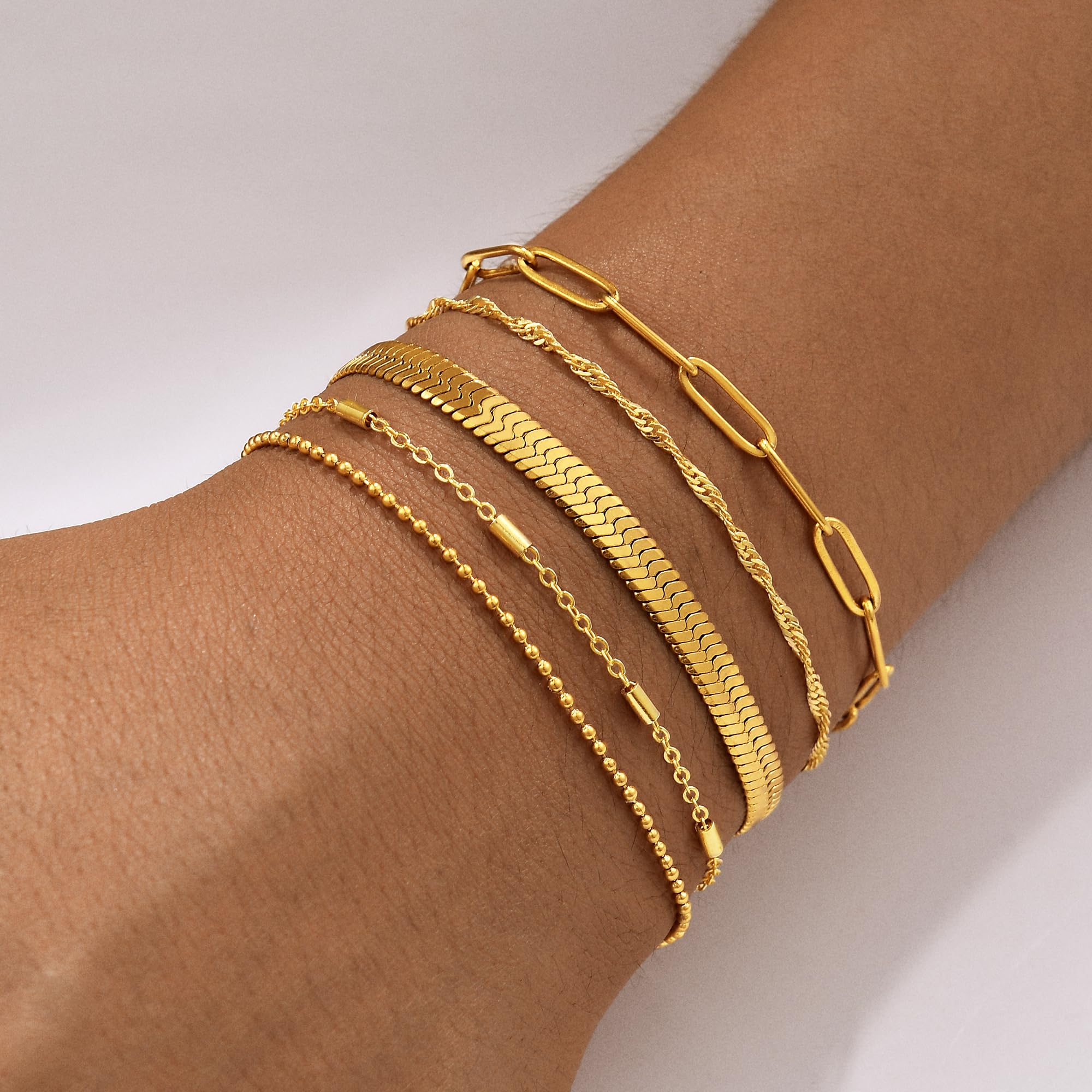 Gold Bracelets for Women, 14K Gold Plated Stackable Bracelet Stack Set Adjustable Charm Paperclip Chain Snake Link Layered Waterproof Jewelry Sets Gifts