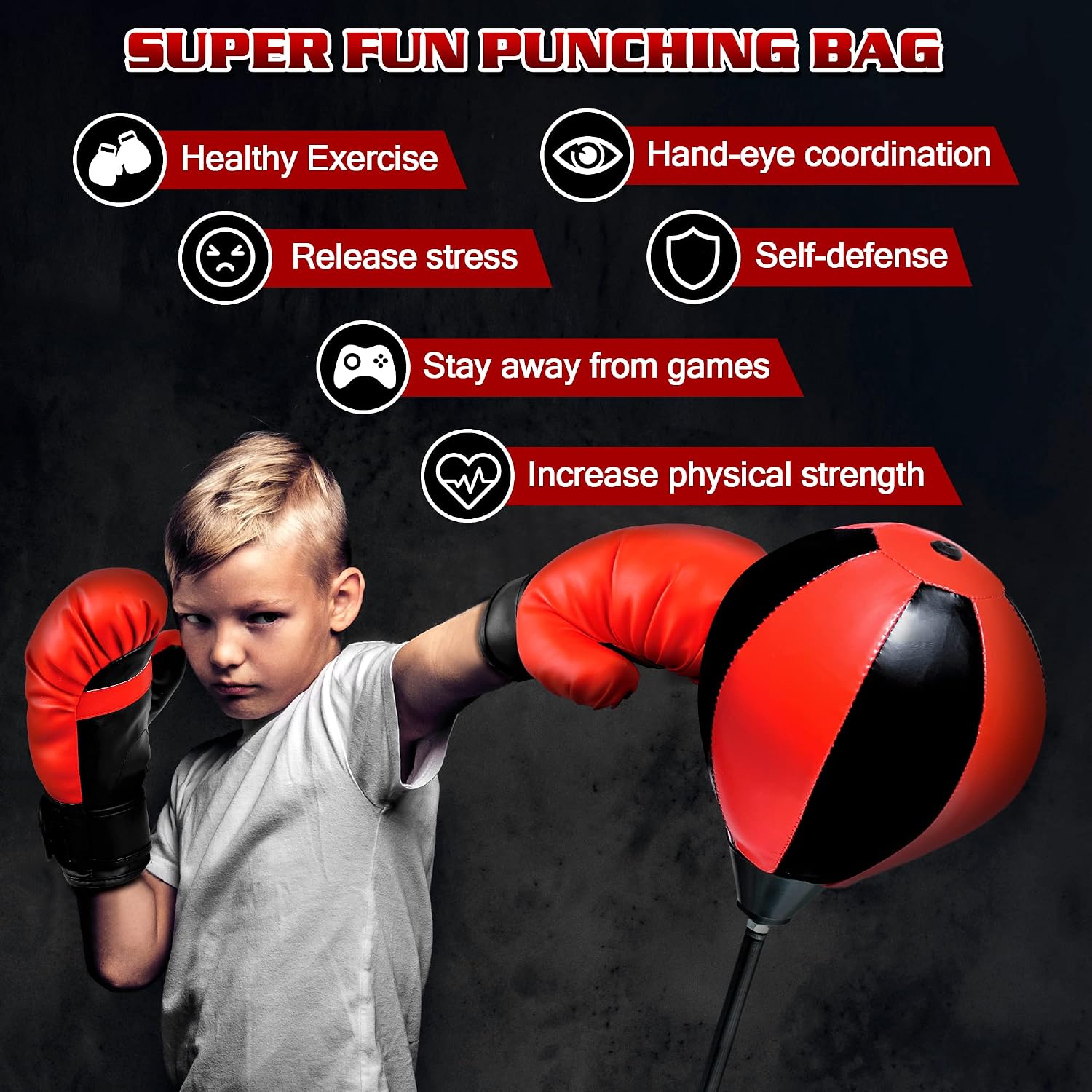 Punching Bag Set Toy with Boxing Gloves, Ideal Birthday for Kids Ages 3-8+
