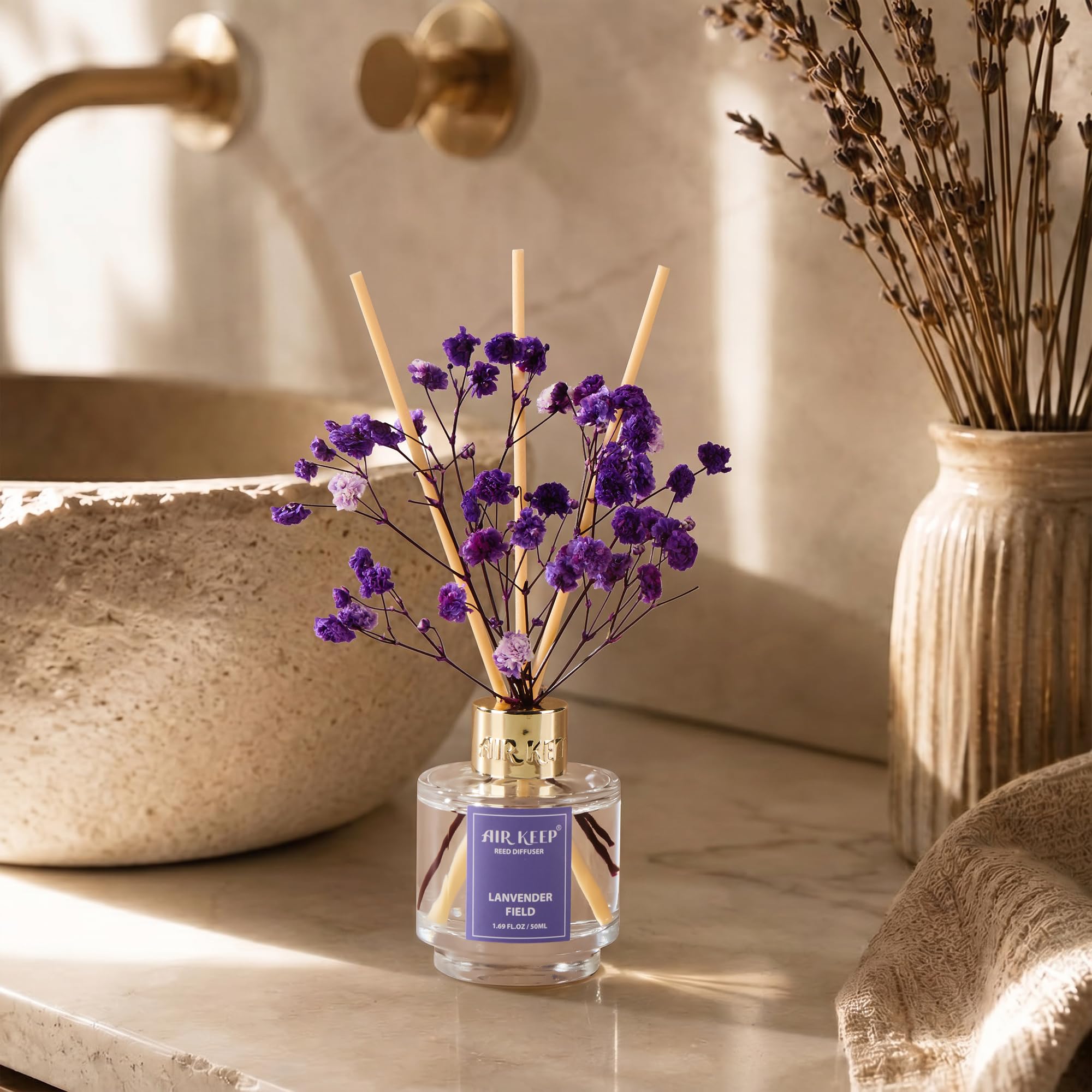 Airkeep Reed Diffuser Set of 3,Clean Linen Ocean Mist&Sea Salt Lavender Eucalyptus Oil Reed Diffusers for Bedroom Living Room Office Aromatherapy Oil Reed Diffuser for Gift 50ml x 3