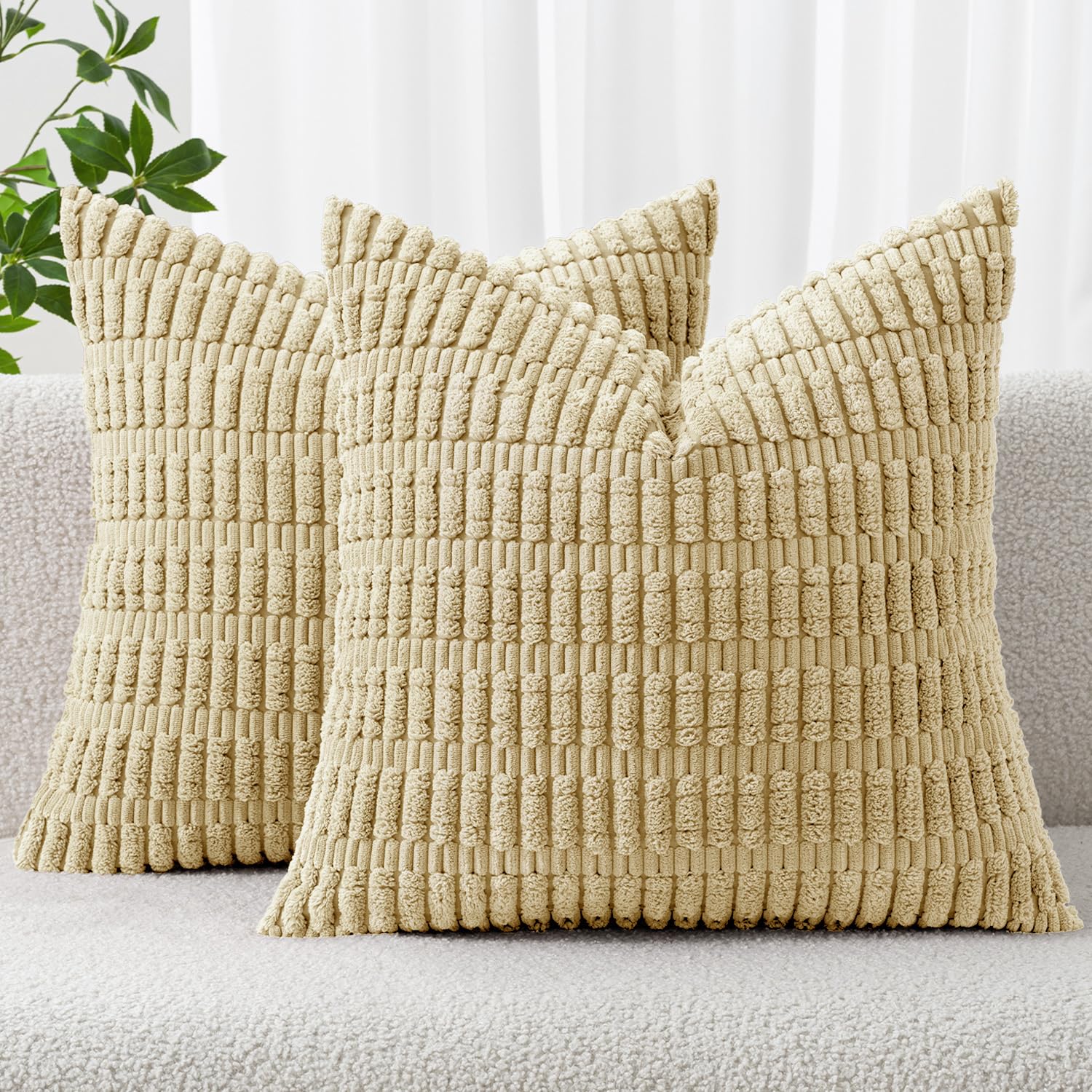 MIULEE Corduroy Decorative Throw Pillow Covers 18x18 Cream White Pack of 2