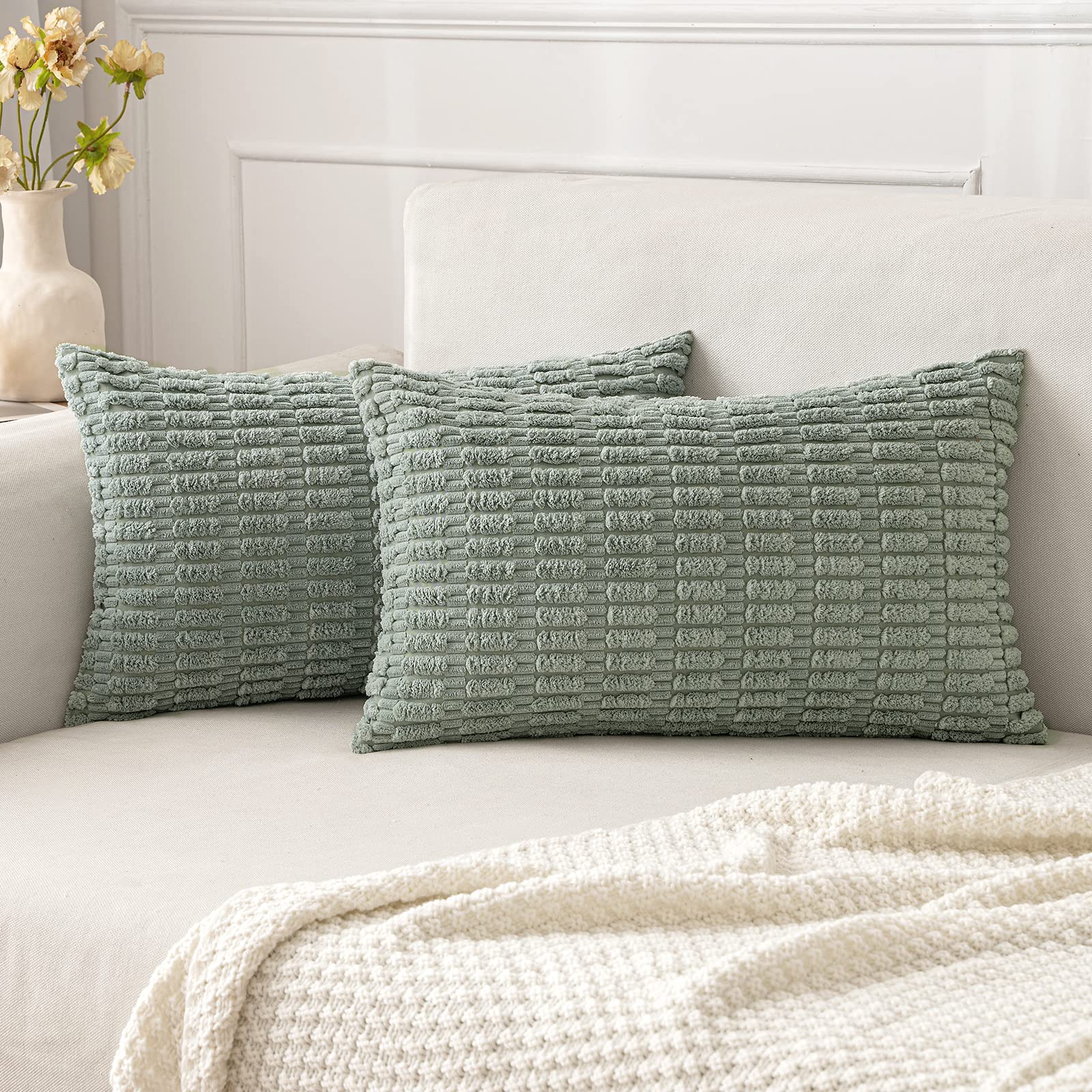 MIULEE Corduroy Decorative Throw Pillow Covers 18x18 Cream White Pack of 2