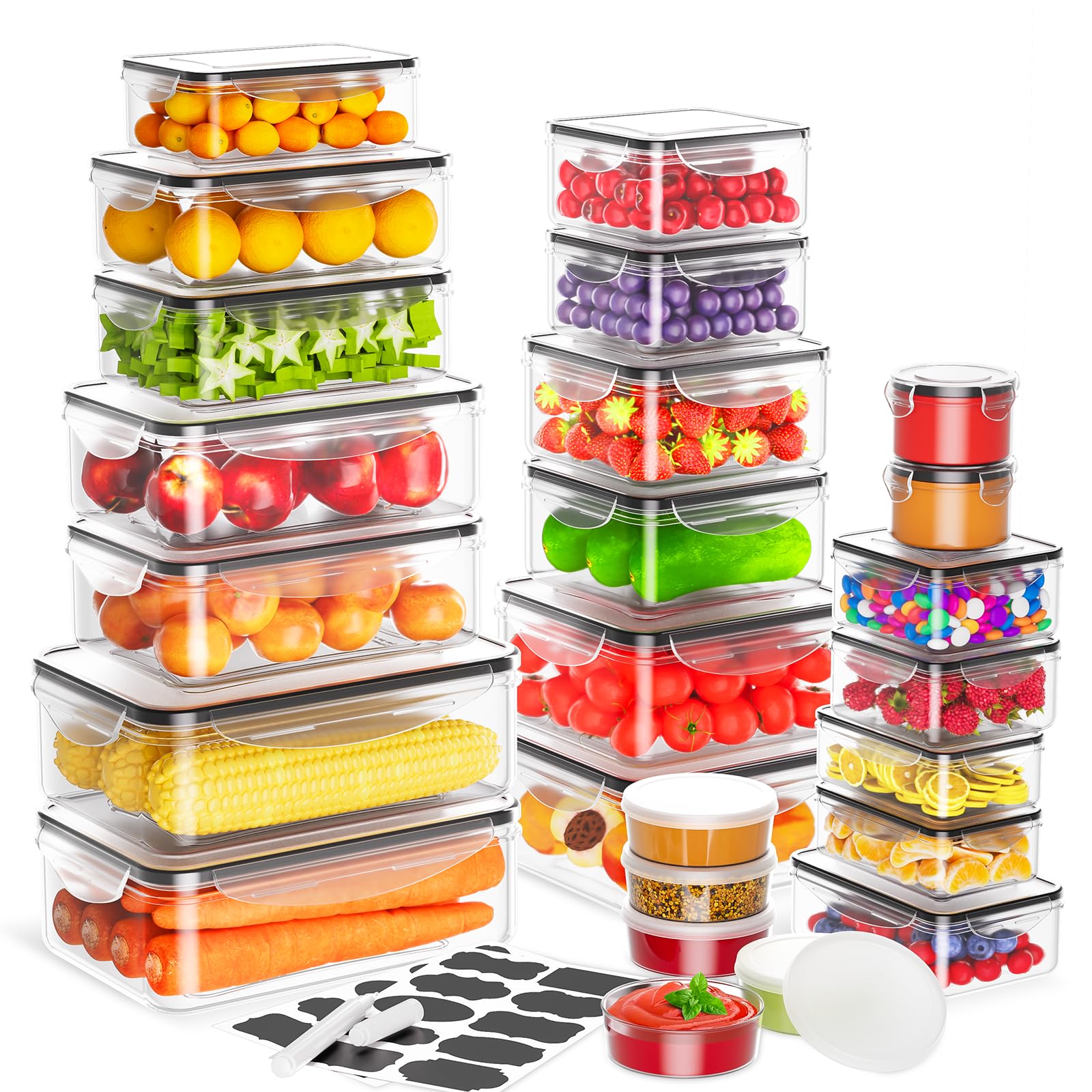 JSCARES 40 PCS Food Storage Containers with Lids Airtight (20 Lids &20 Containers) - Leakproof Meal-Prep Containers for Kitchen Storage Reusable Plastic Microwave/Dishwasher Safe with Labels & Pen